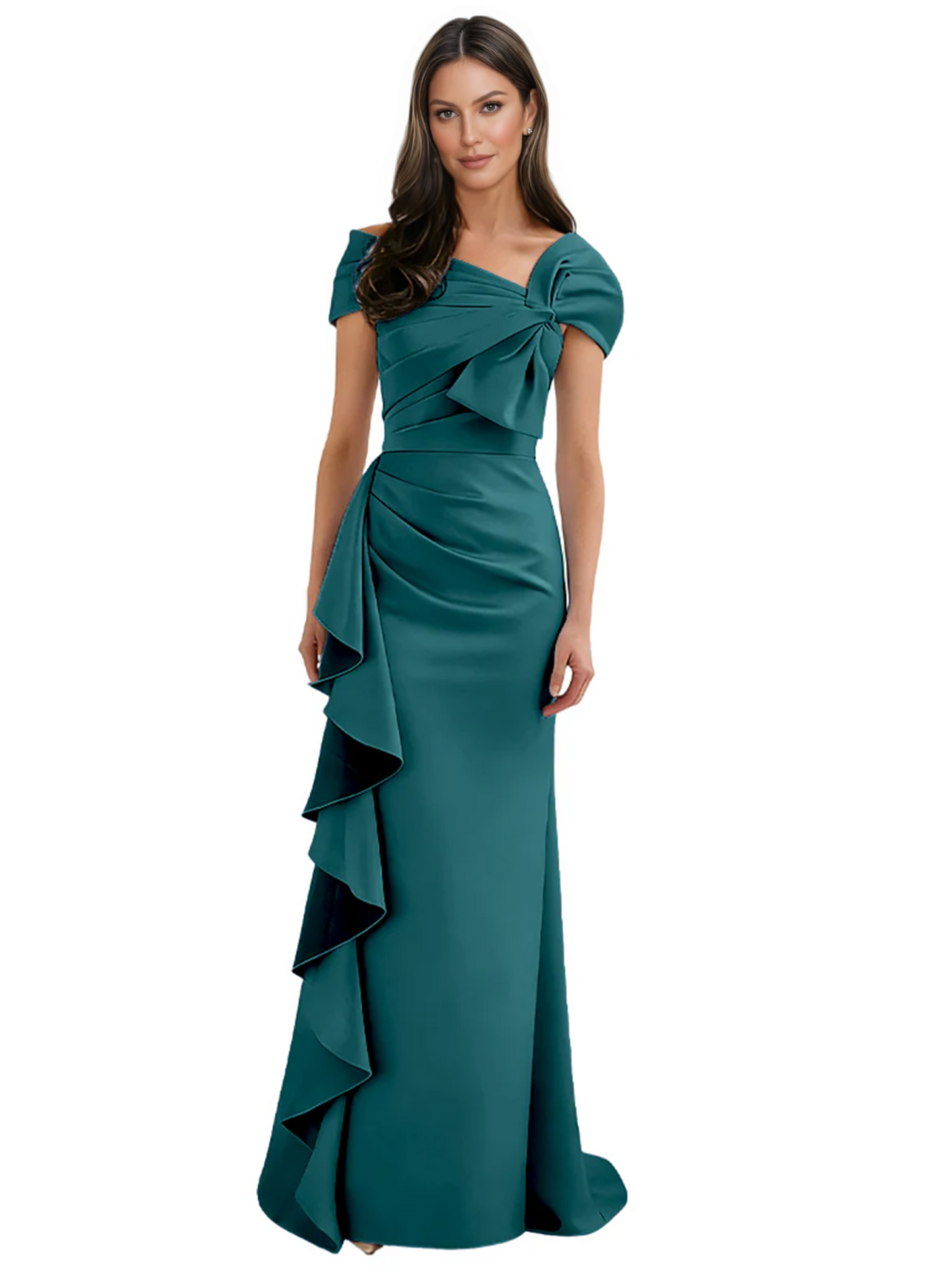 Elegant Mother of Bride Dress Formal Gowns Mermaid Ruffle Floor Length Asymmetric Neckline