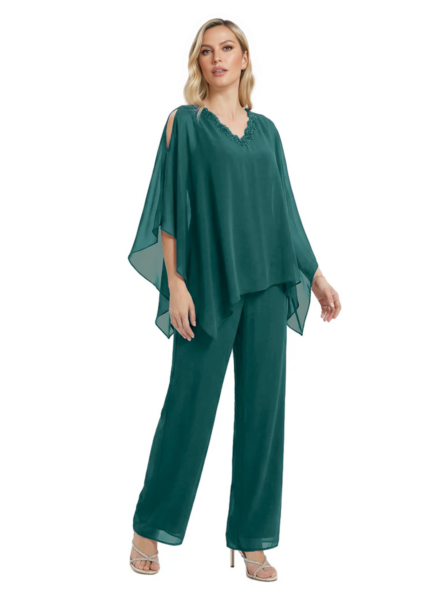 V-Neck Chiffon Mother of the Brides Dresses Plus Size Jacket Suits Wedding