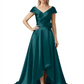 Off Shoulder Mother of the Bride Dress High-Low Satin Gown with Portrait Neckline