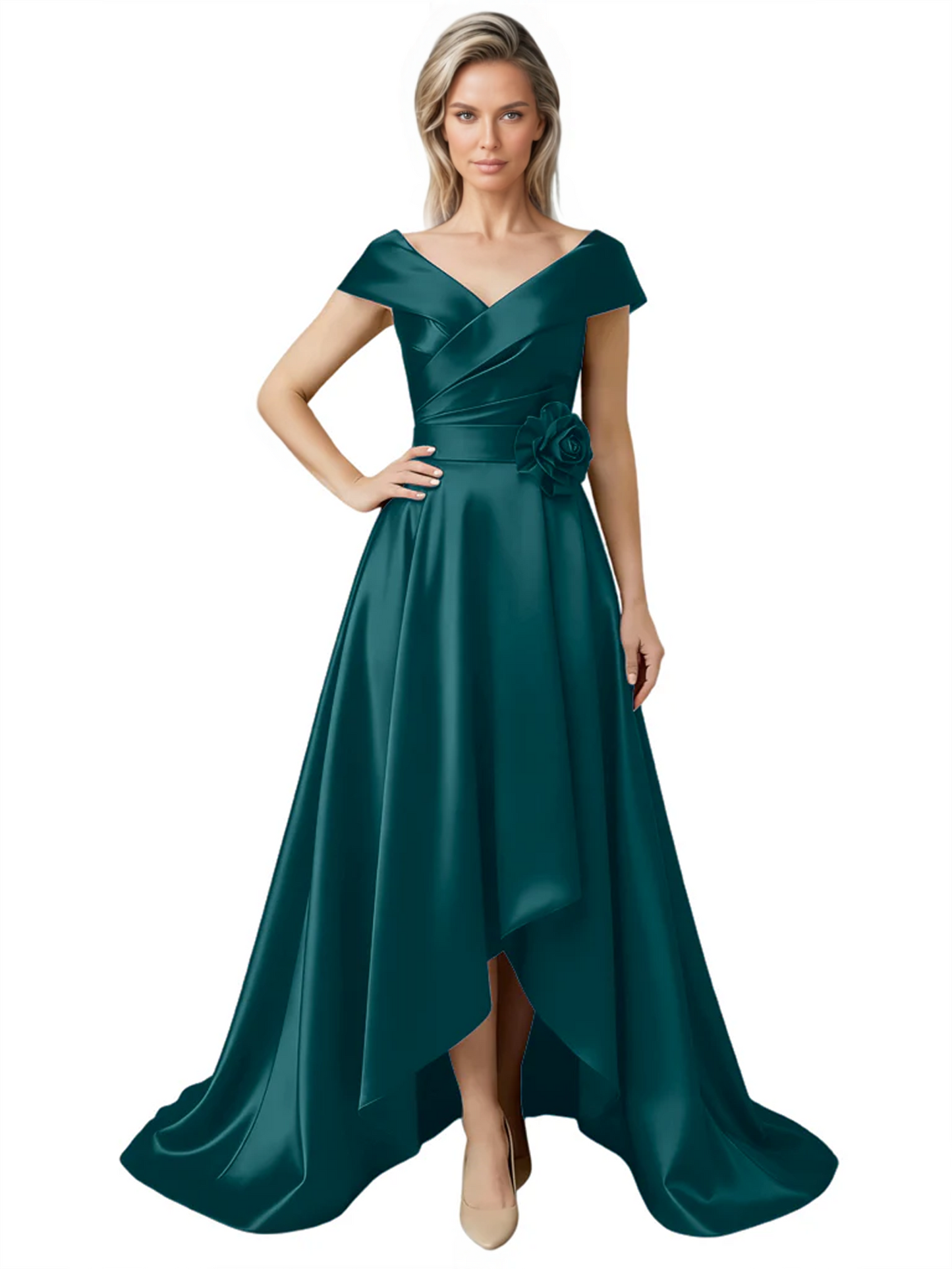 Off Shoulder Mother of the Bride Dress High-Low Satin Gown with Portrait Neckline