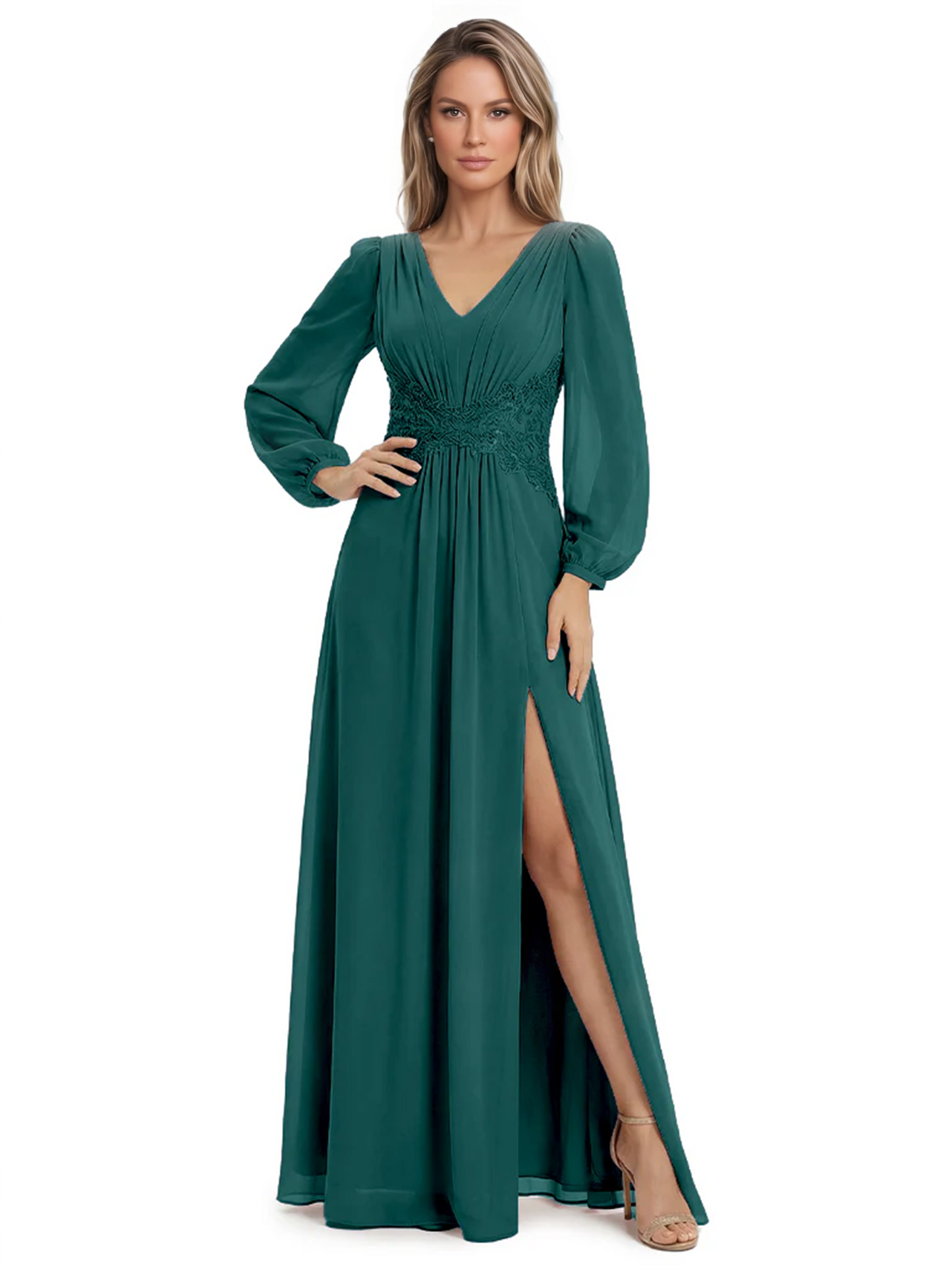 A-Line Mother of Bride Dress V-Neck Chiffon Gown Long Sleeves Slit Formal Dress