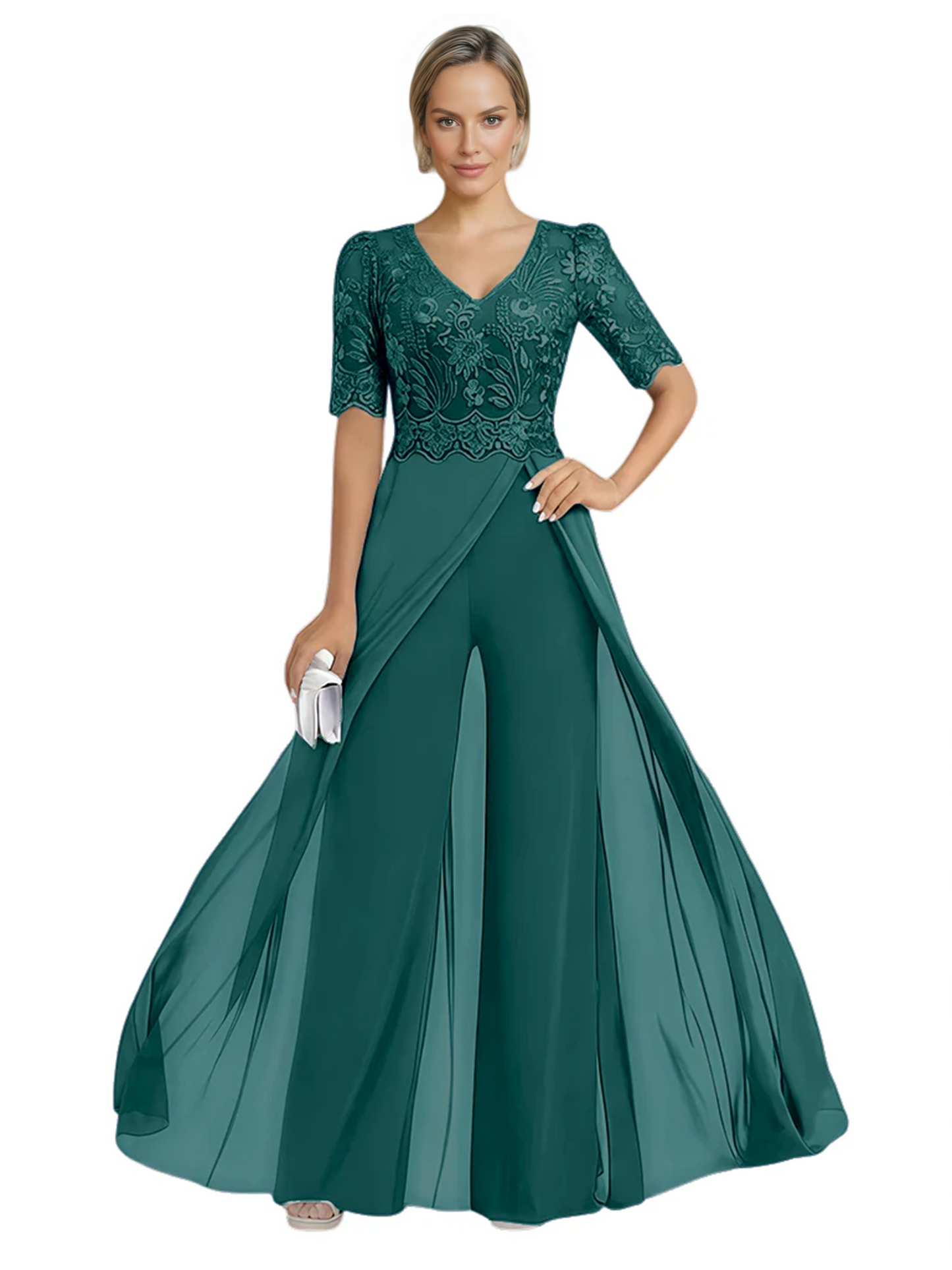 V-Neck Chiffon Mother of the Brides Jumpsuits Dresses Floor Length A-Line Lace