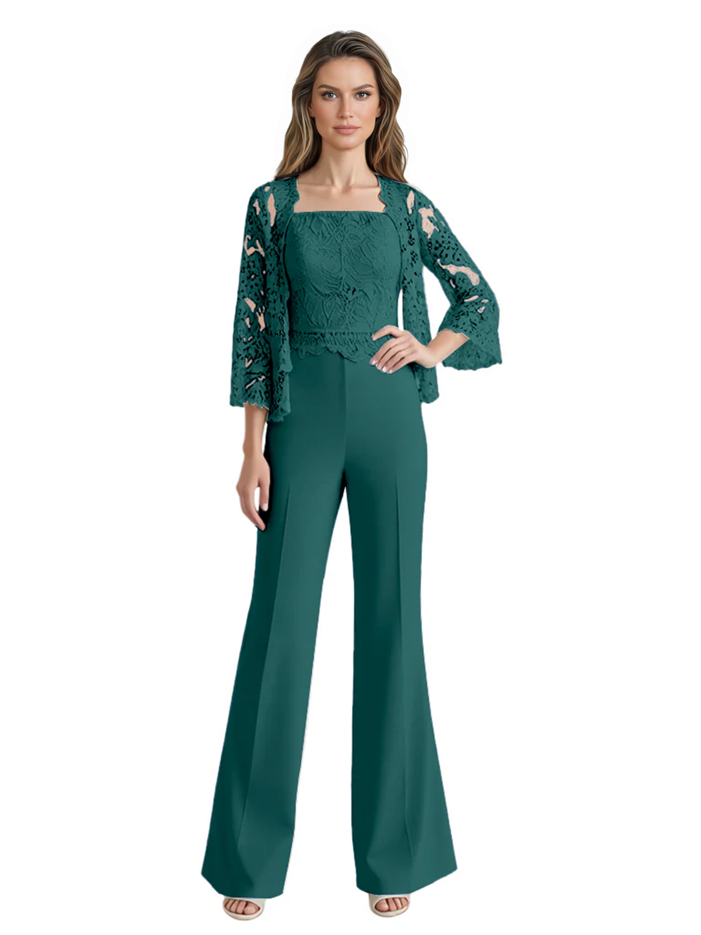 Mother of the Bride Jumpsuit with Lace Jacket 3/4 Sleeve Formal Pant Suit