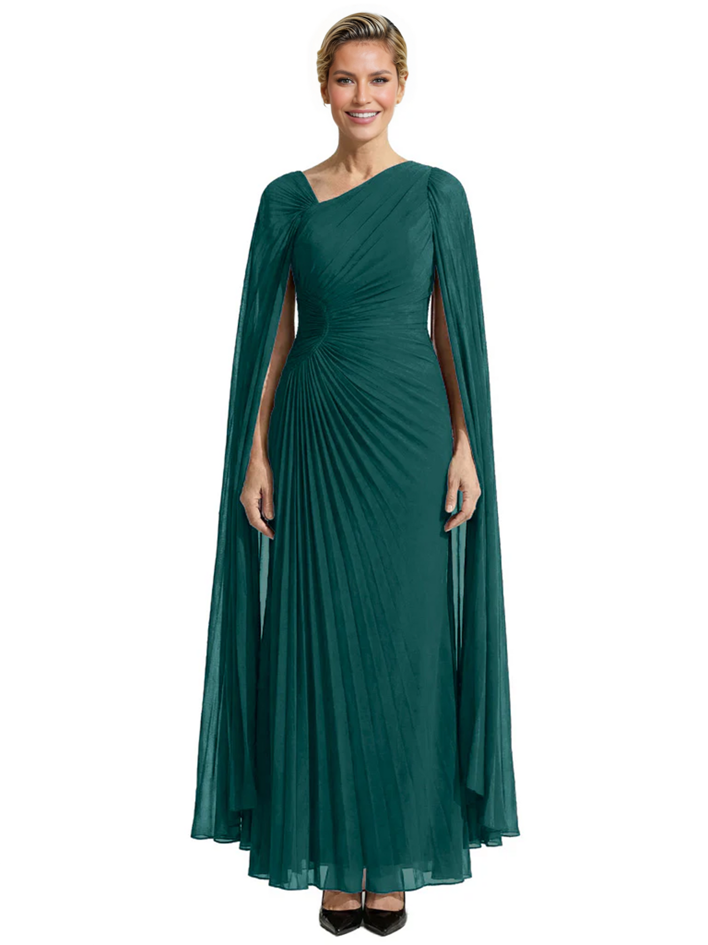 Elegant Asymmetric Neck Long A-Line Chiffon Mother of the Brides Dresses Mom Outfit with Cape