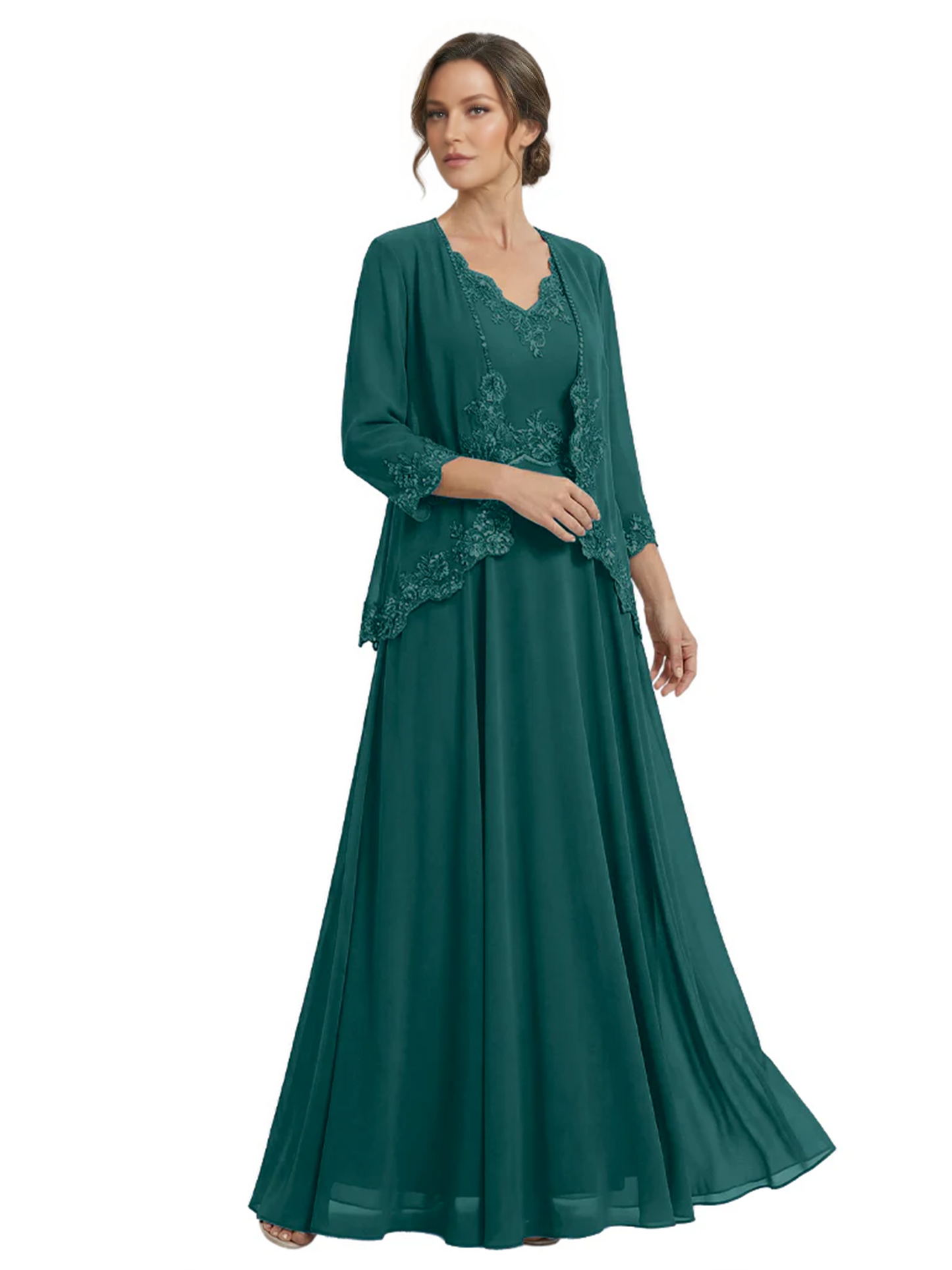 Plus Size A-line Chiffon 3/4 Sleeves Mother of the Brides Dresses Long Jacket Dress