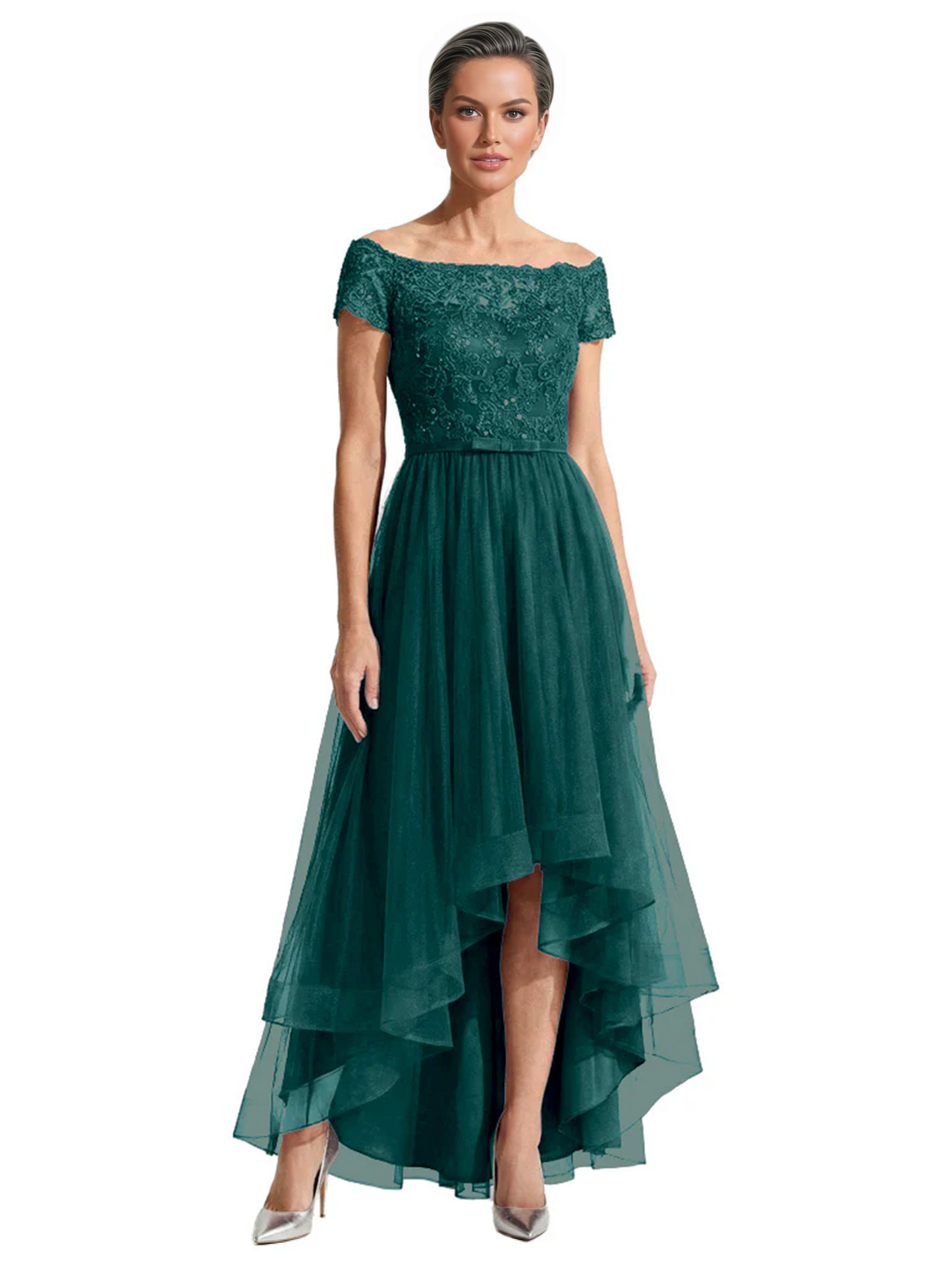 Formal High-Low Mother of the Bride Gown Short Sleeve Lace Maxi Dress with Tiered Skirt
