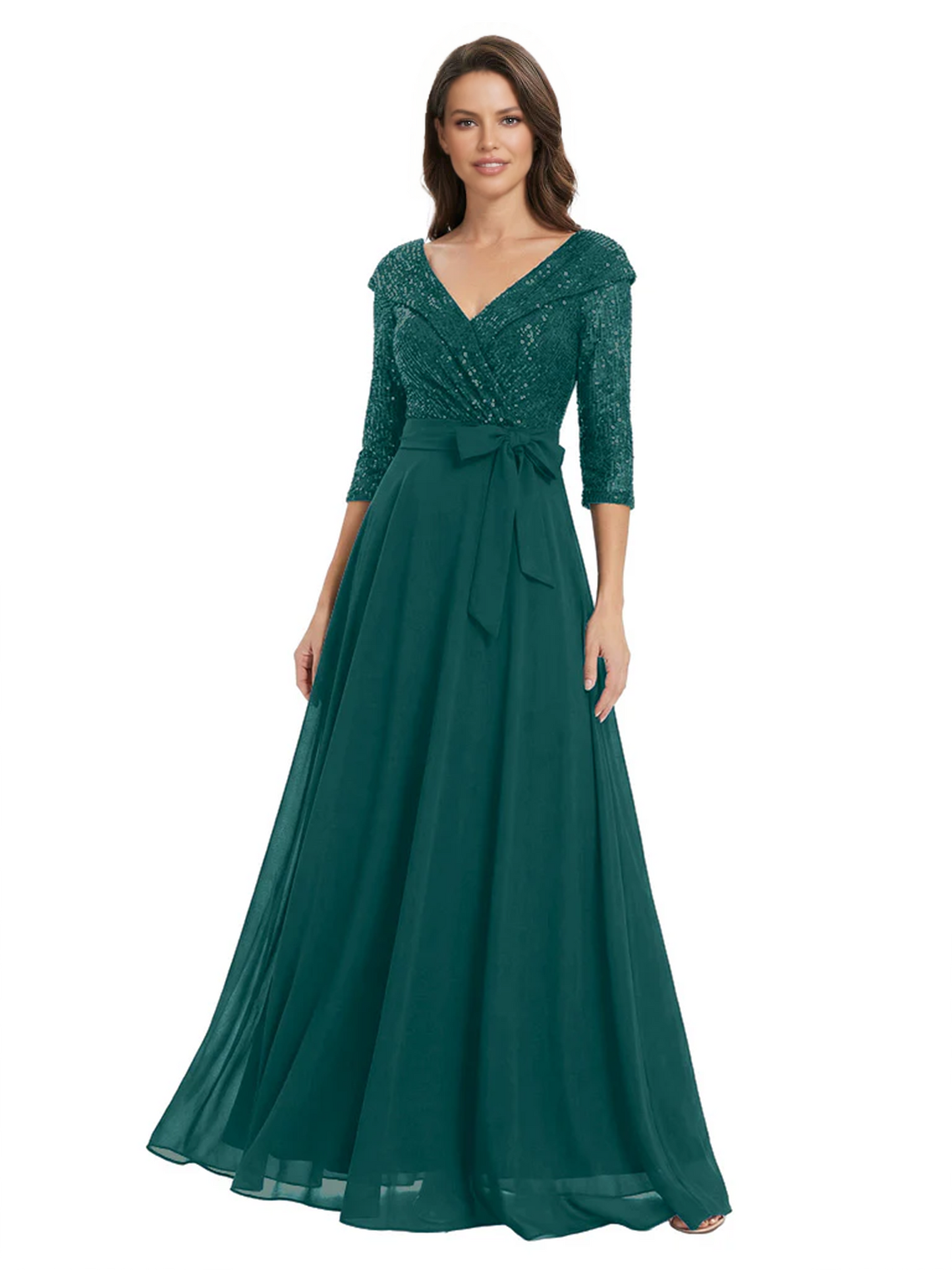 Chiffon Mother of the Bride Dress with Sequin V-Neck and Elegant Bow Sash