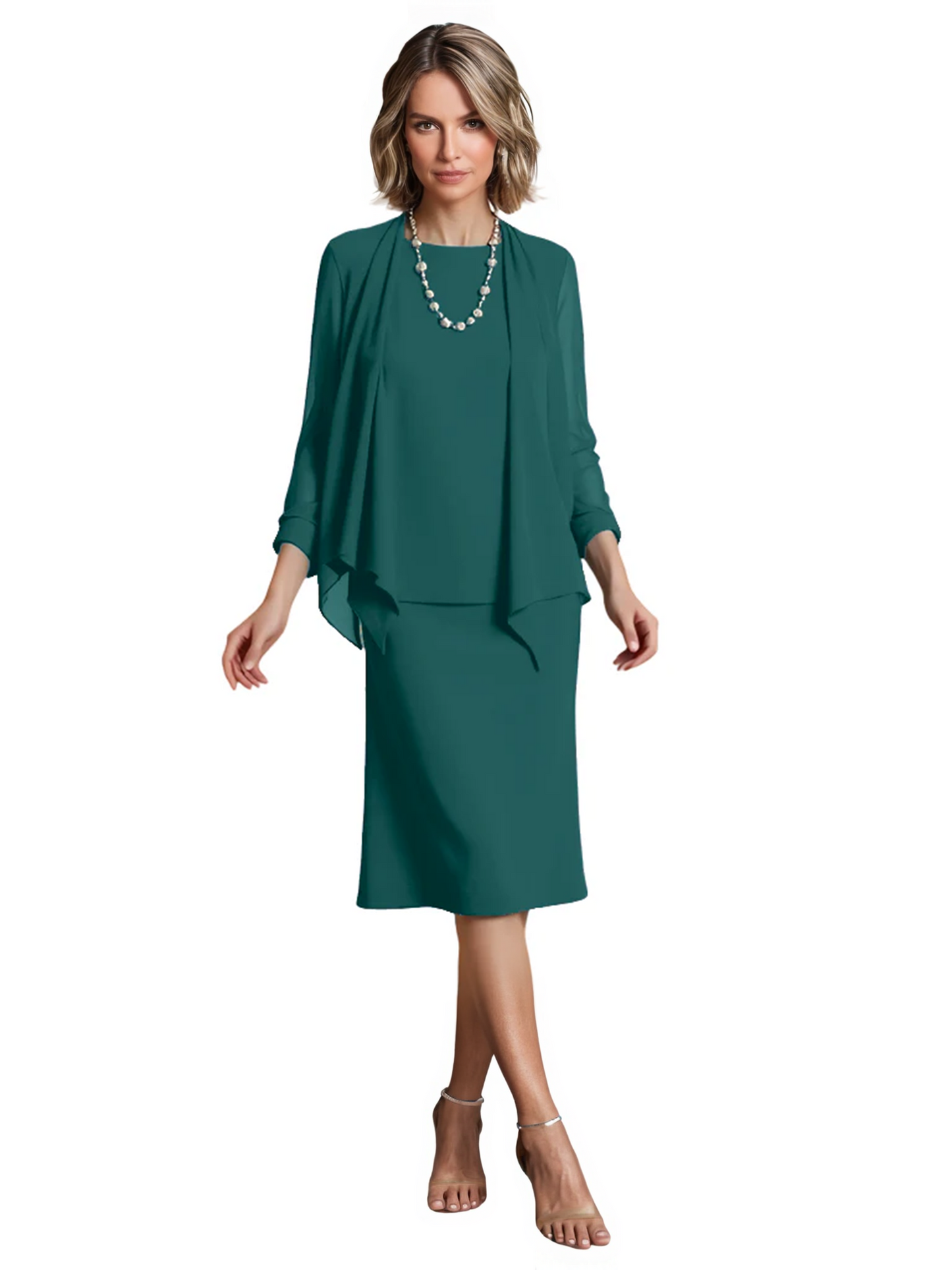 3 PCS Knee-Length Mother of Bride Dresses Prom Dress Evening Dress with Sheer Sleeves and Jacket
