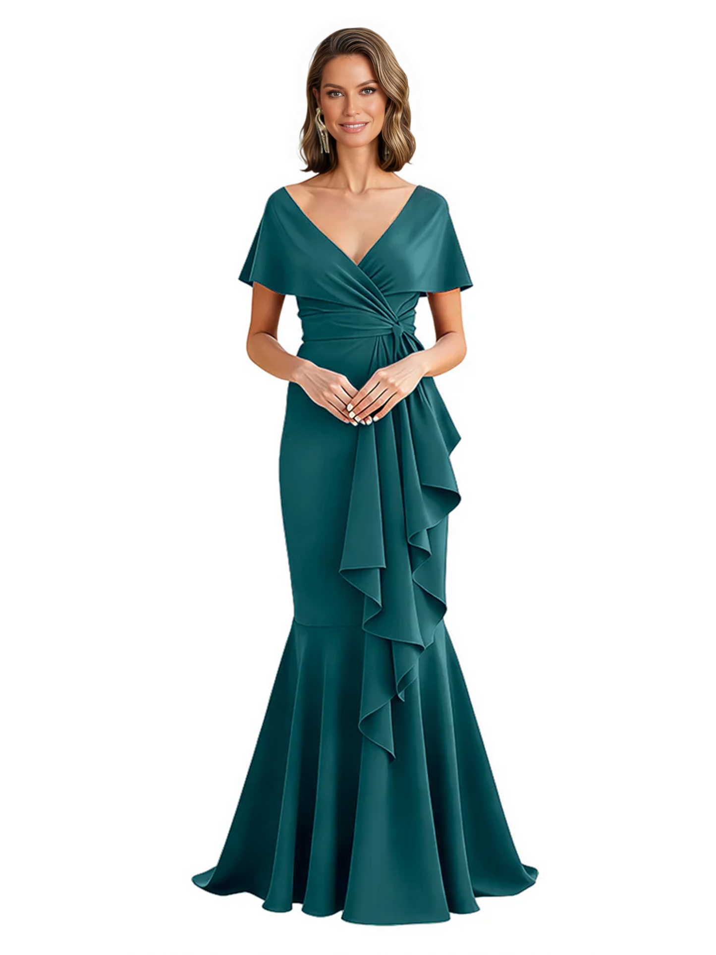 Satin Mother of the Bride Dress with Cascading Ruffles and Mermaid Tail V-Neck