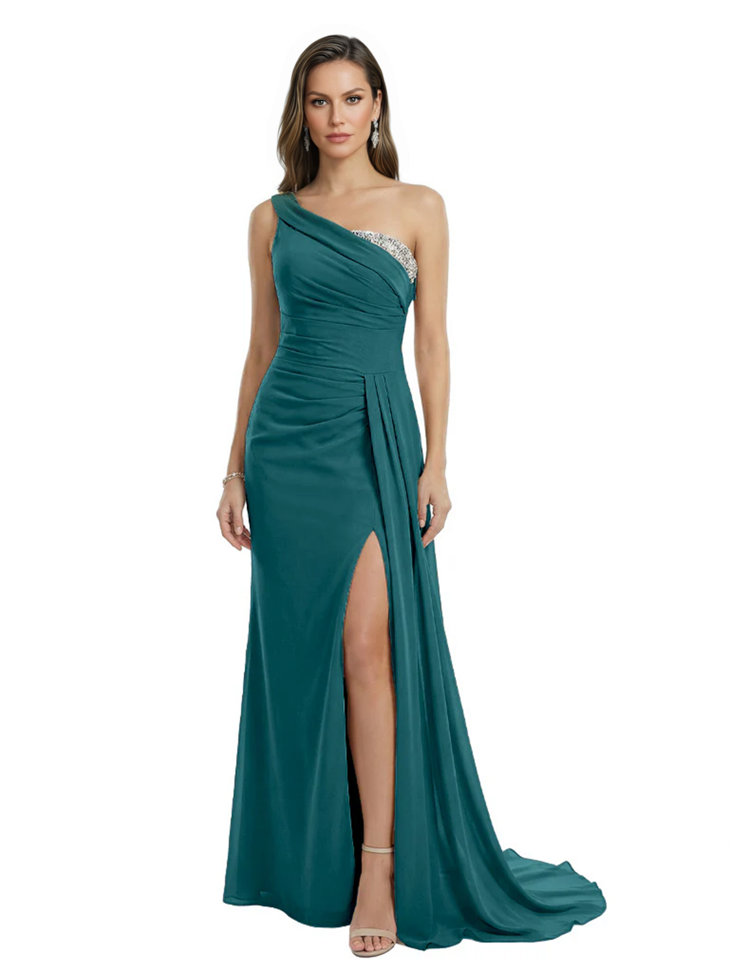 One Shoulder Mother of Bride Dress Ruffle Formal Gowns Mermaid Floor Length Train Slit