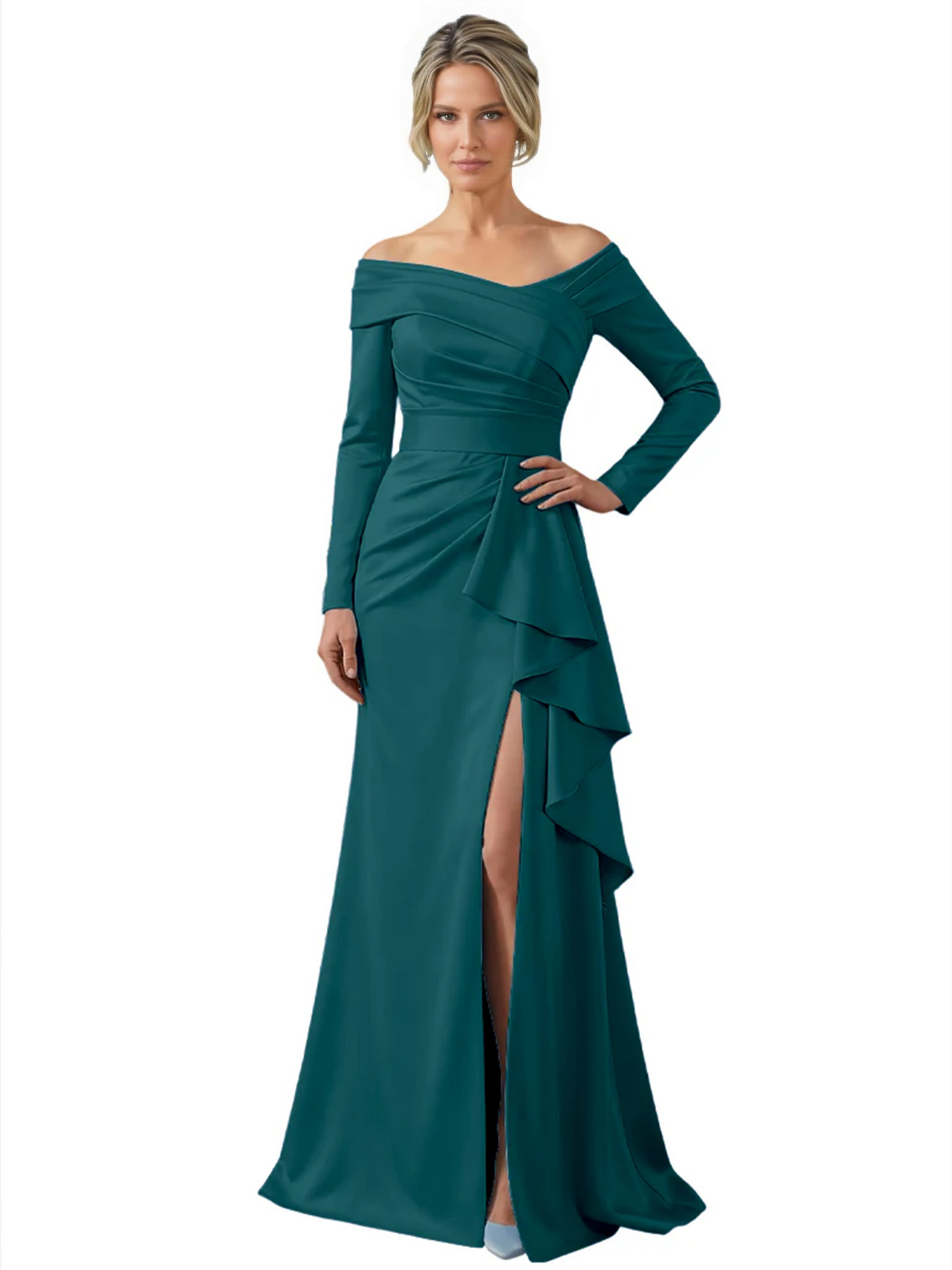 Elegant Mother of the Groom Dress Cascading Ruffle Satin Gown with High Slit Long Sleeves