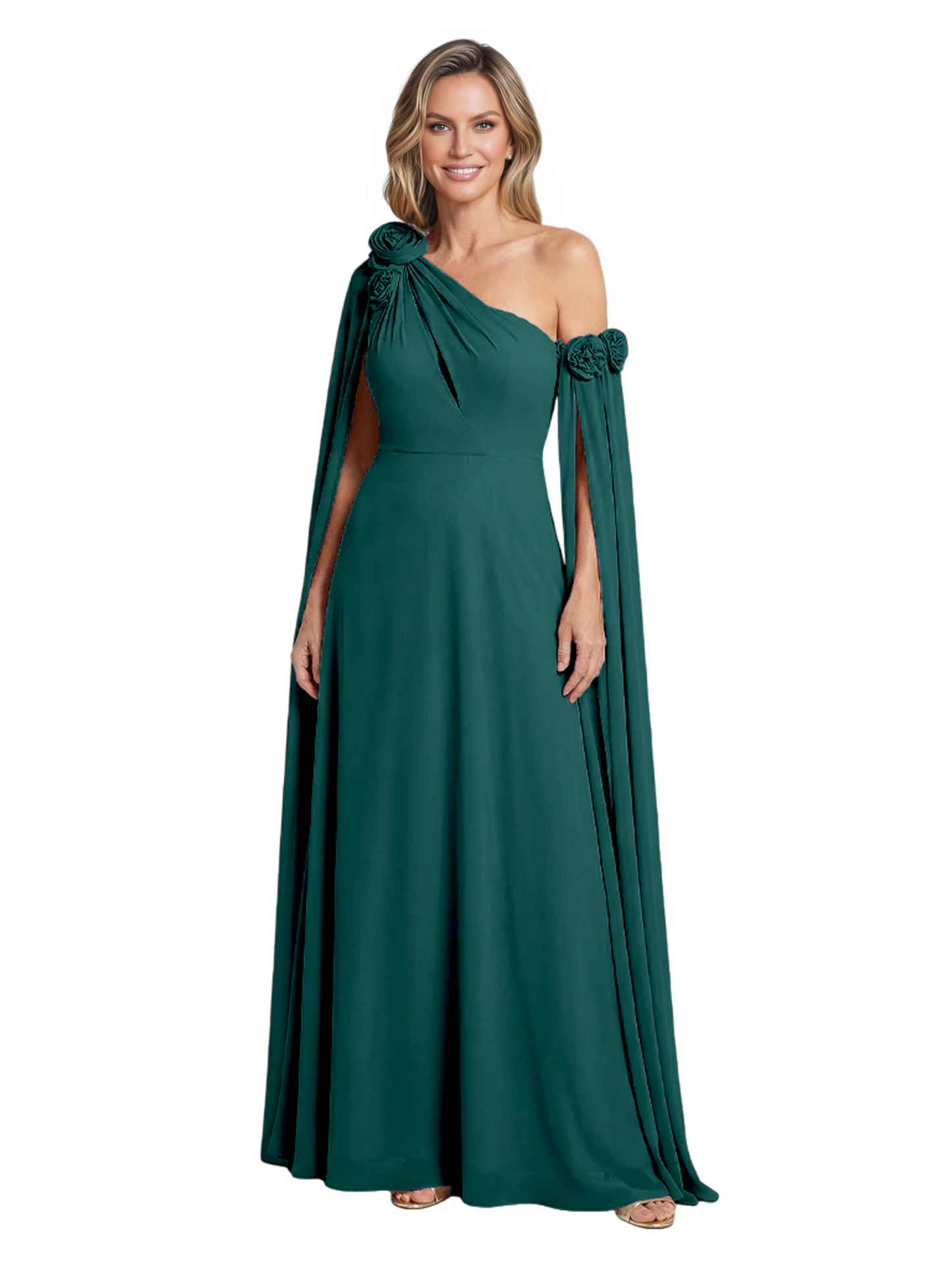 One Shoulder Mother of the Bride Dress Asymmetrical Cape Sleeve Gown with Floral