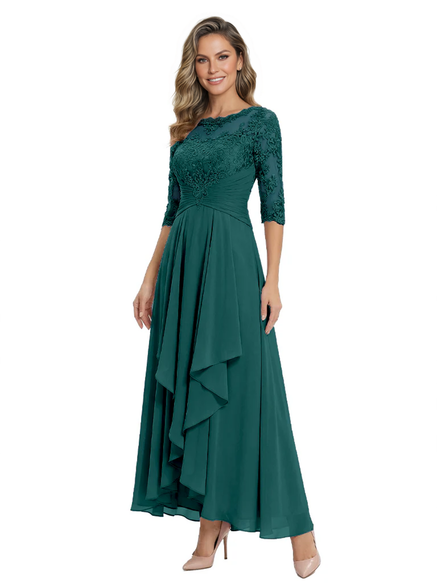 3/4 Sleeve Mother of the Bride Dress with Lace Embroidery High-Low Hem 2026