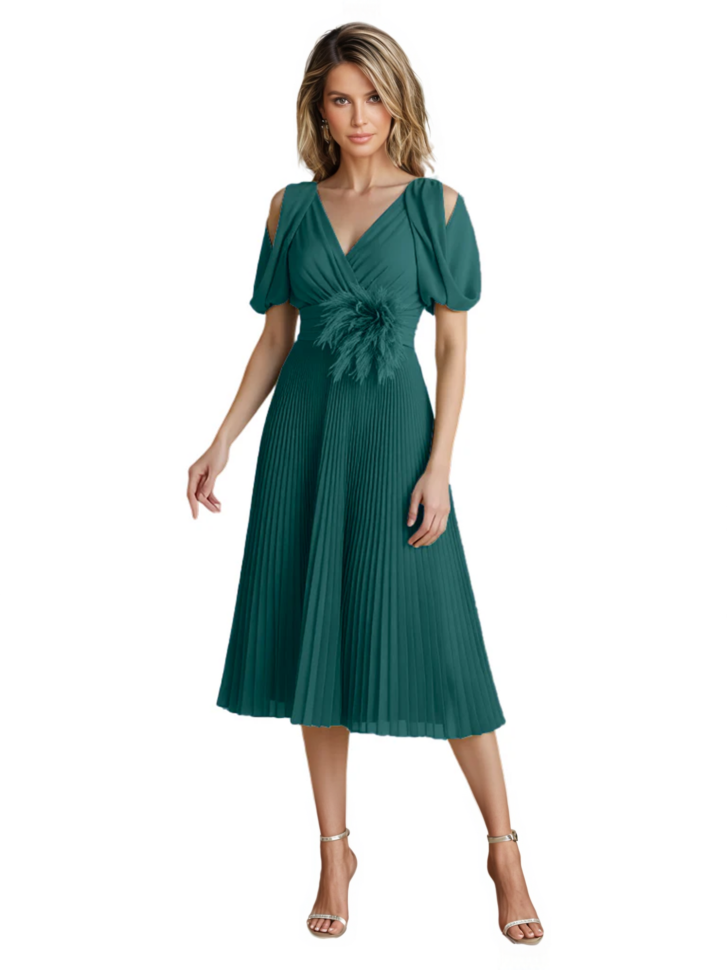 Wedding Formal Dress V-Neck Pleated Chiffon Gown with 3D Flower Accent Knee Length