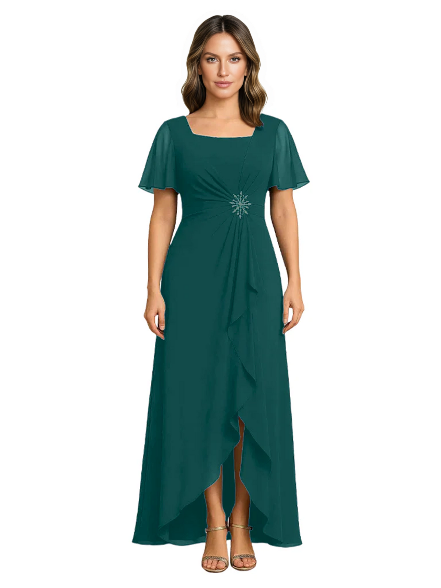 Formal High-Low Mother of the Bride Gown Sleeved Chiffon Maxi Dress Ruched Waist