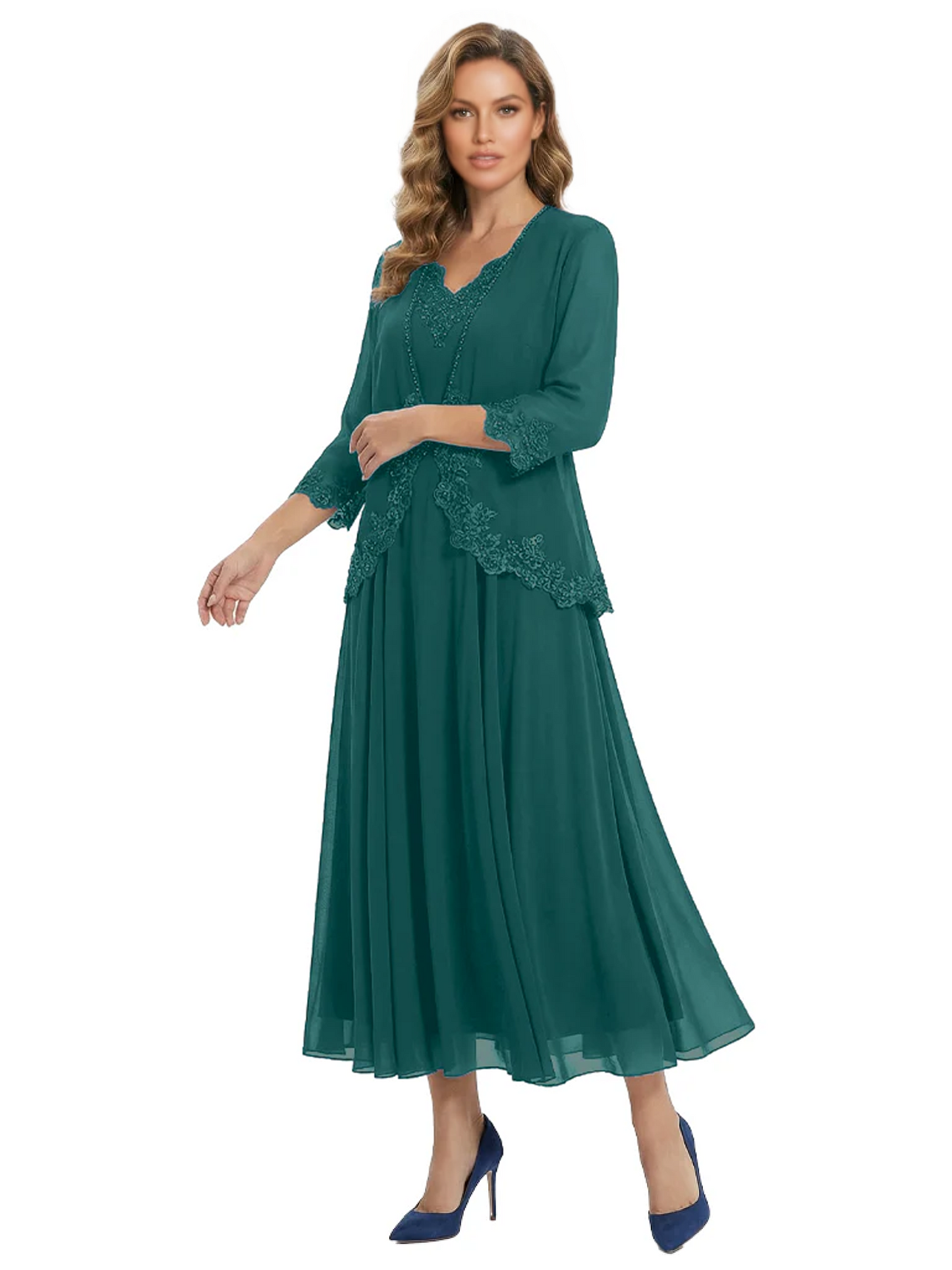3/4 Sleeve Chiffon Mother of the Brides Dresses V-Neck Wedding Party Gowns
