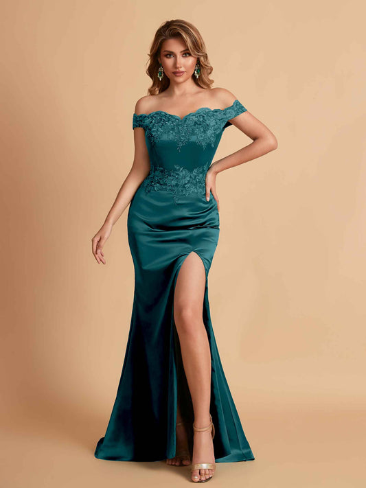 Elegant Satin Off Shoulder Mermaid Side Slit Floor Length Bridesmaid Dresses