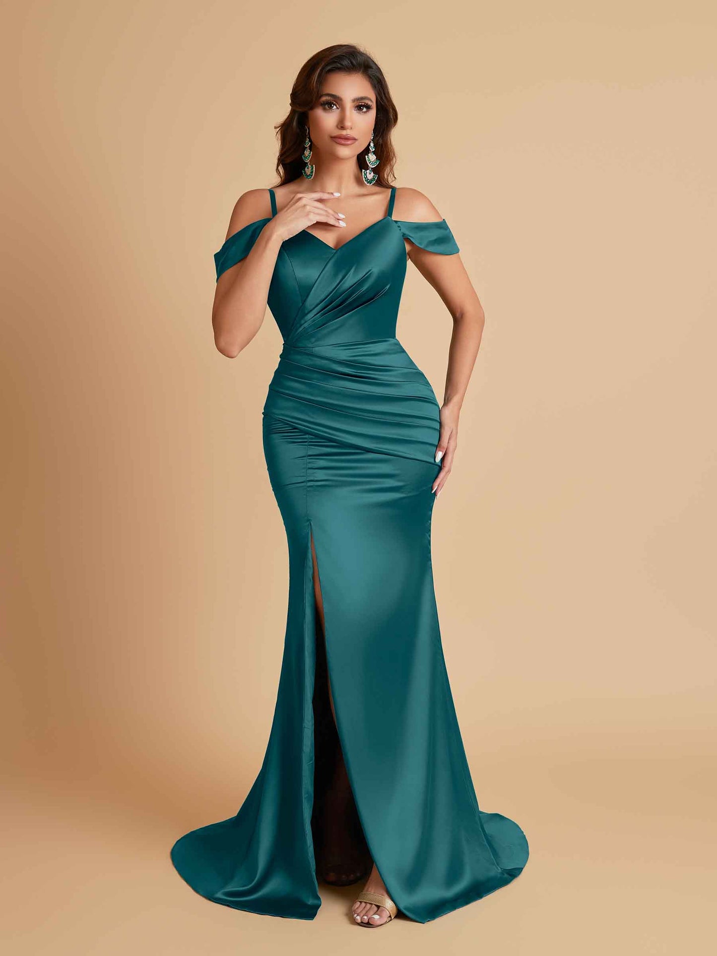 Sexy Soft Satin Mermaid Off Shoulder Side Slit Floor-Length Mermaid Bridesmaid Dresses