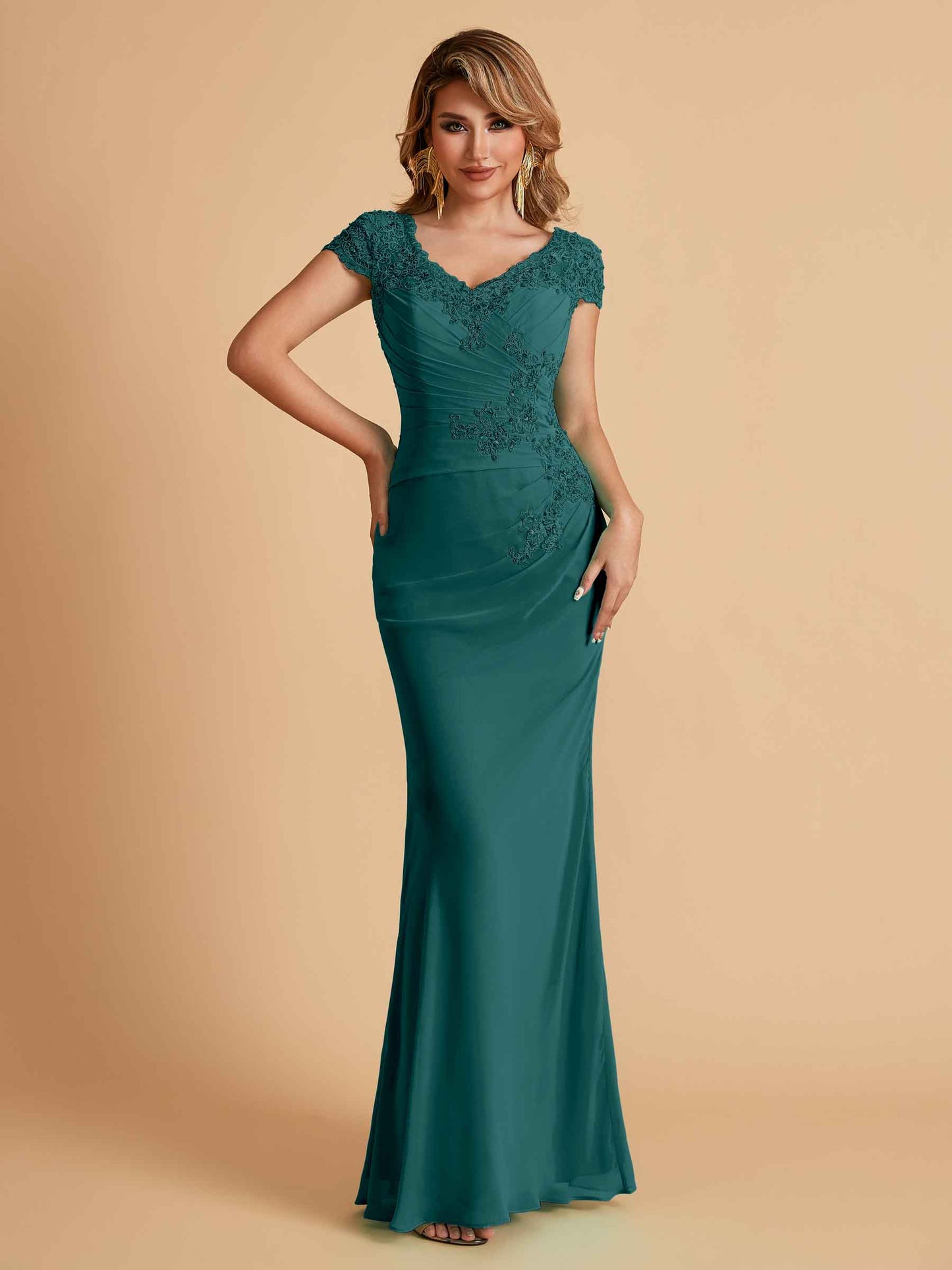 Elegant Mermaid Chiffon Cap Sleeves V-Neck Mother of the Brides Dresses Online