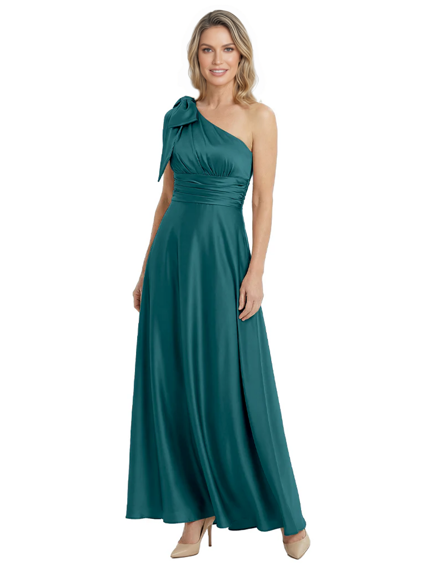 One-Shoulder Mother of the Bride Dress Satin Gown with Bow Ruched Empire Waist