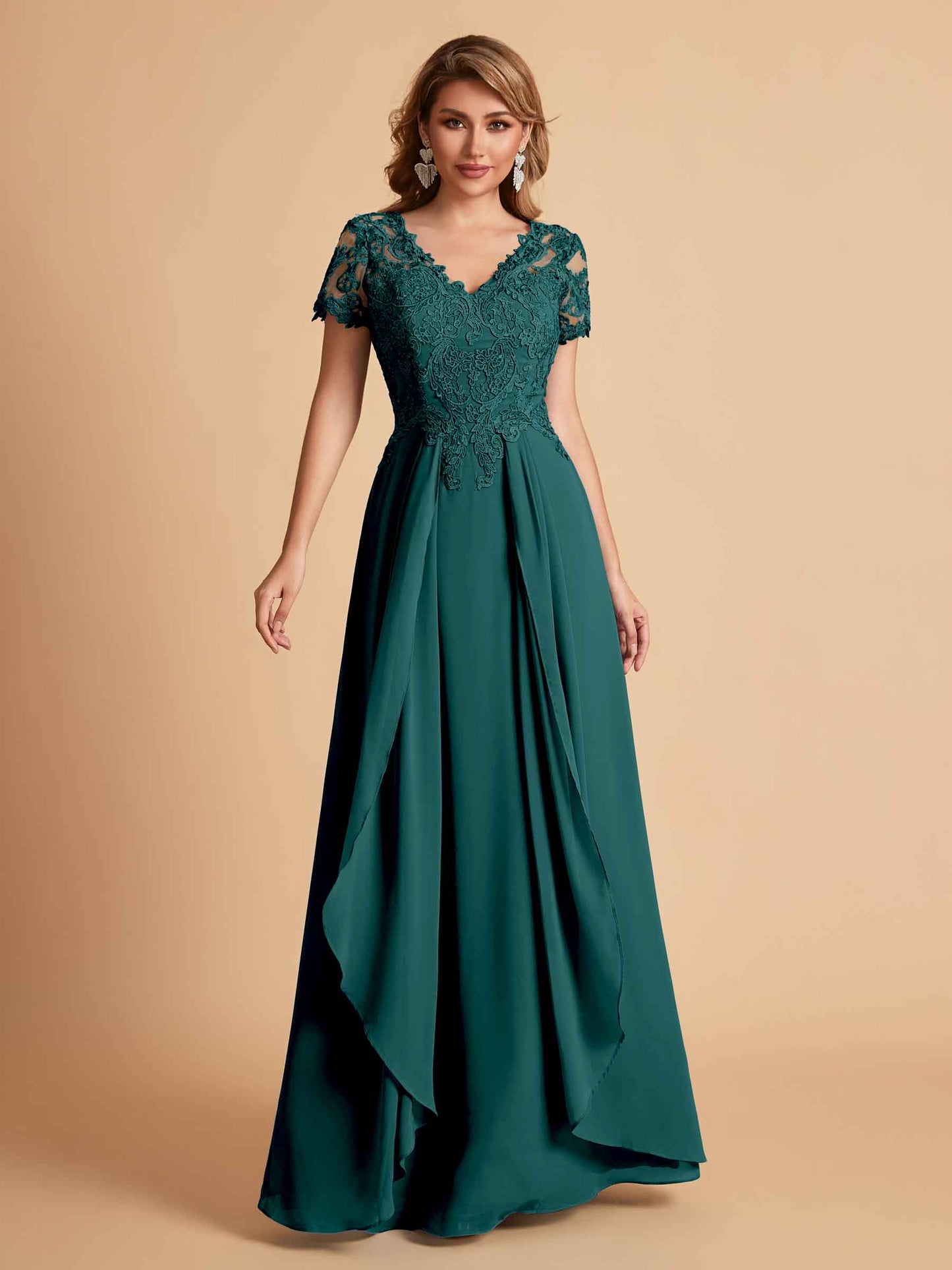 Elegant A-Line Chiffon Short Sleeves V-neck Mother of the Brides Dresses Lace Top MOB Dresses