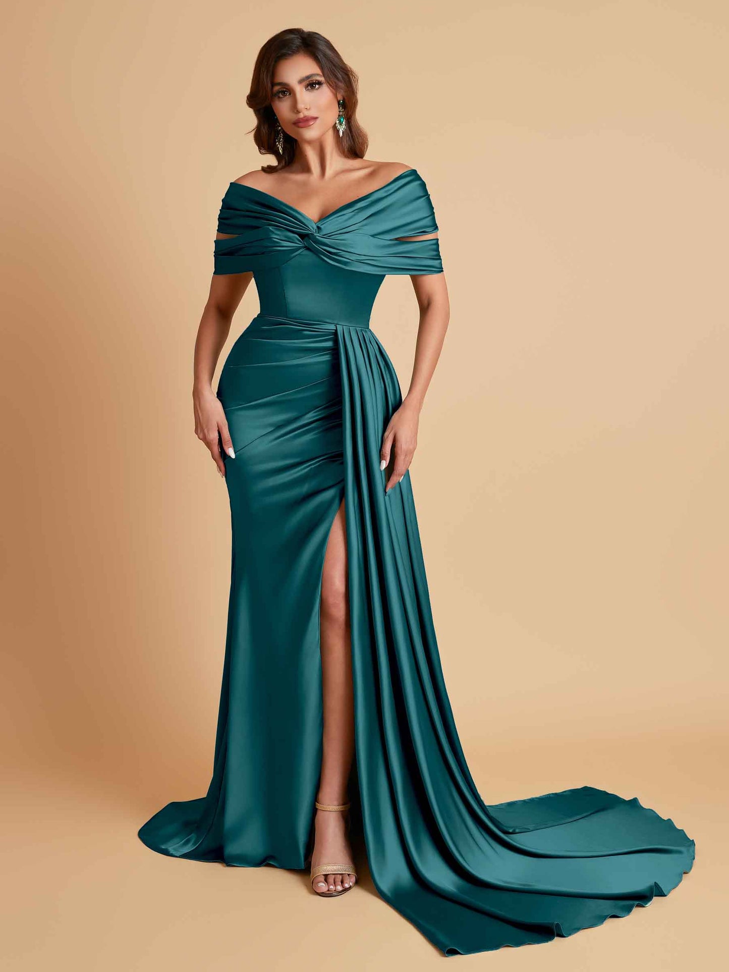 Elegant Soft Satin V-neck Off-the-Shoulder Side-Slit Mermaid Bridesmaid Dresses