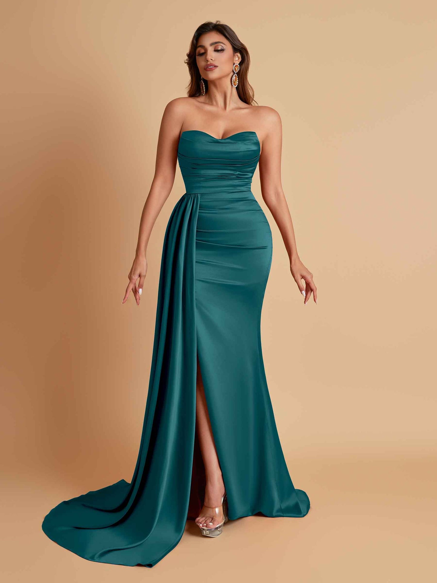 Elegant Soft Satin Sweetheart Strapless Side-Slit Mermaid Bridesmaid Dresses