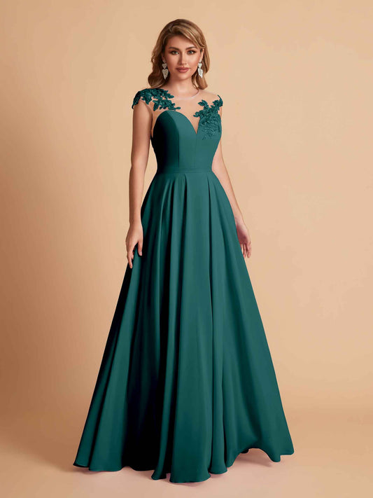 Chiffon Illusion Lace Top A-line Bridesmaid Dresses V-neck Floor Length Wedding Guest Dresses