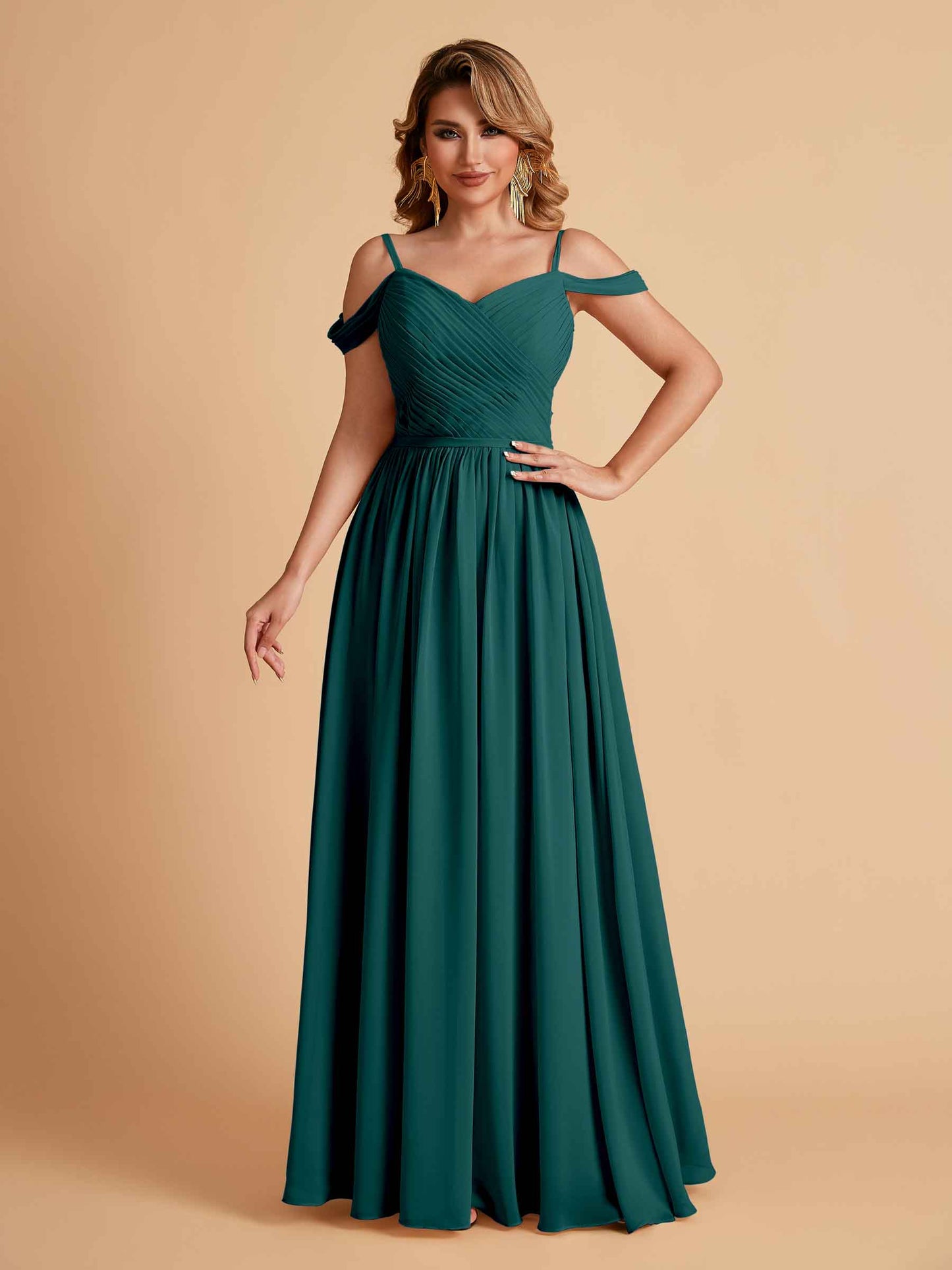 Elegant A-line Chiffon Off The Shoulder V-Neck Bridesmaid Dresses Online