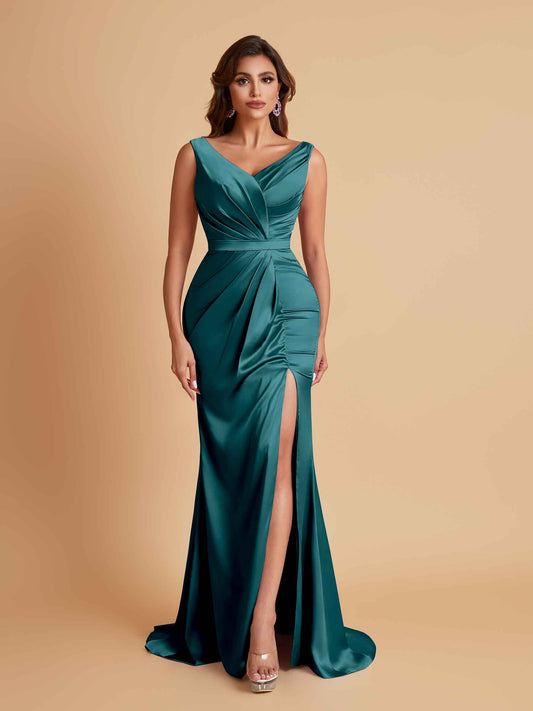 Elegant V Neck Soft Satin Side Slit Floor-Length Mermaid Bridesmaid Dresses