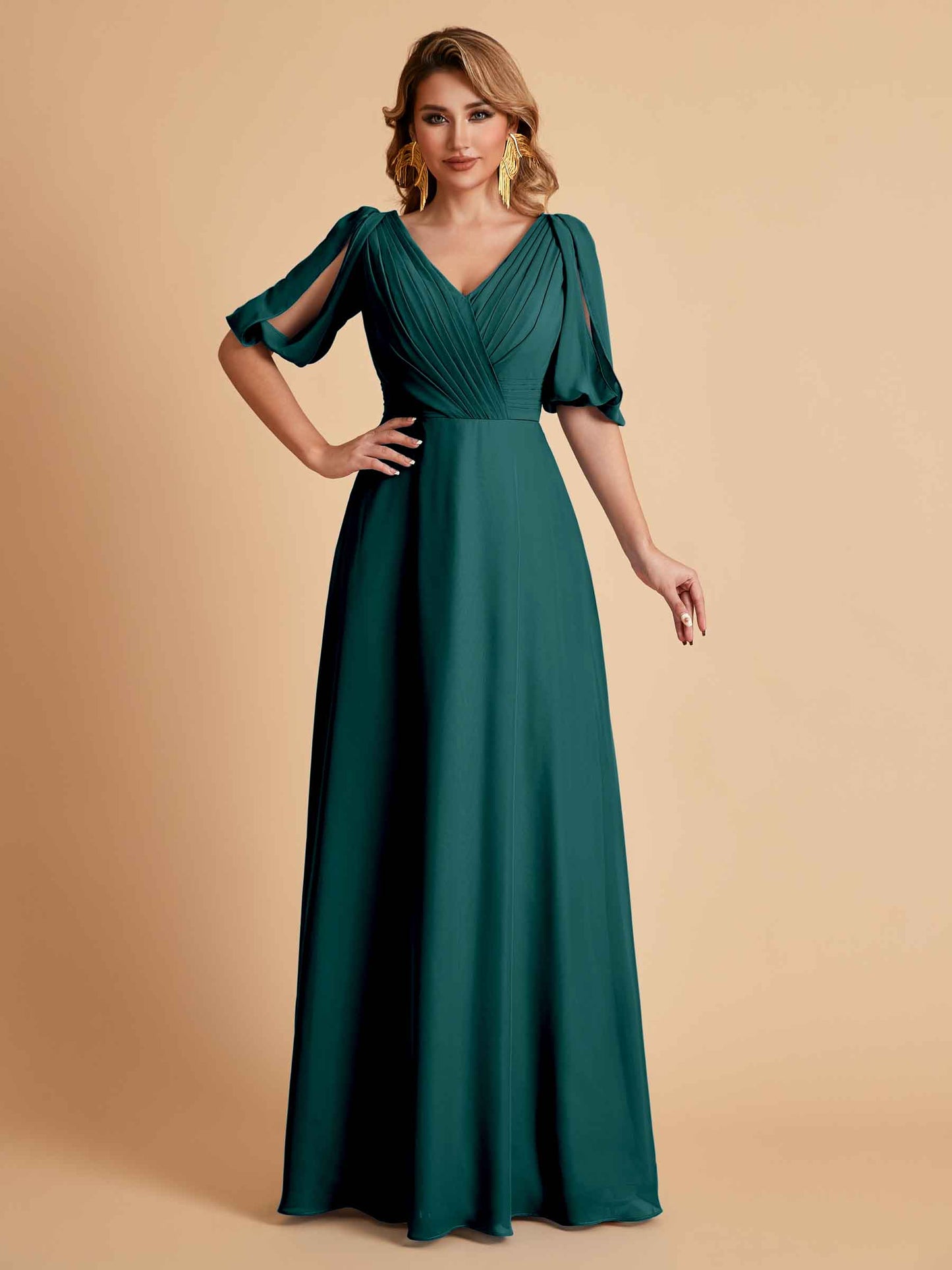 Elegant A-Line Chiffon Half Sleeves V-Neck Mother of the Brides Dresses Online