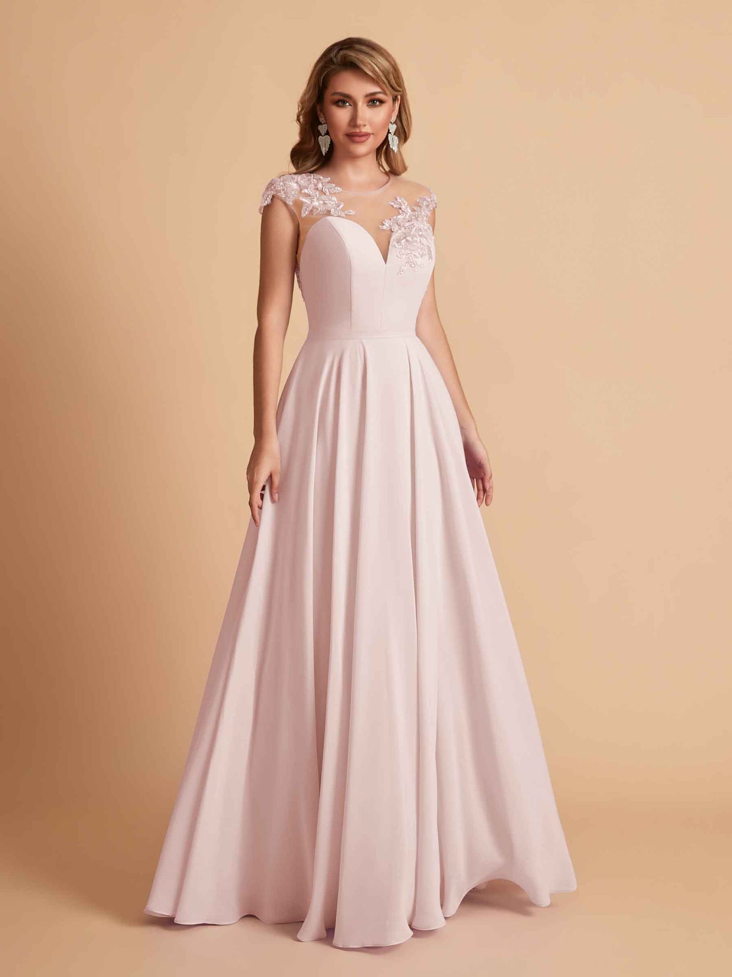 Chiffon Illusion Lace Top A-line Bridesmaid Dresses V-neck Floor Length Wedding Guest Dresses