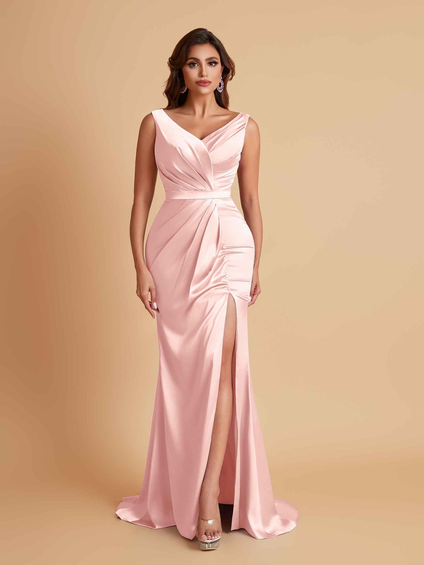 Elegant V Neck Soft Satin Side Slit Floor-Length Mermaid Bridesmaid Dresses
