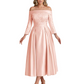 Off Shoulder Mother of the Bride Dress Tea-Length Satin Gown with Lace Applique