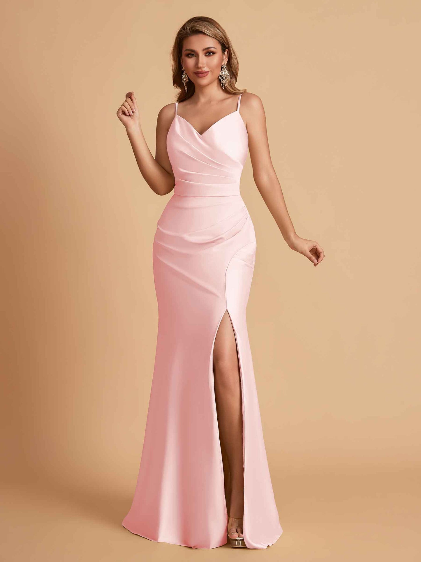 Elegant Satin Spaghetti Straps Mermaid Side Slit Floor Length Bridesmaid Dresses