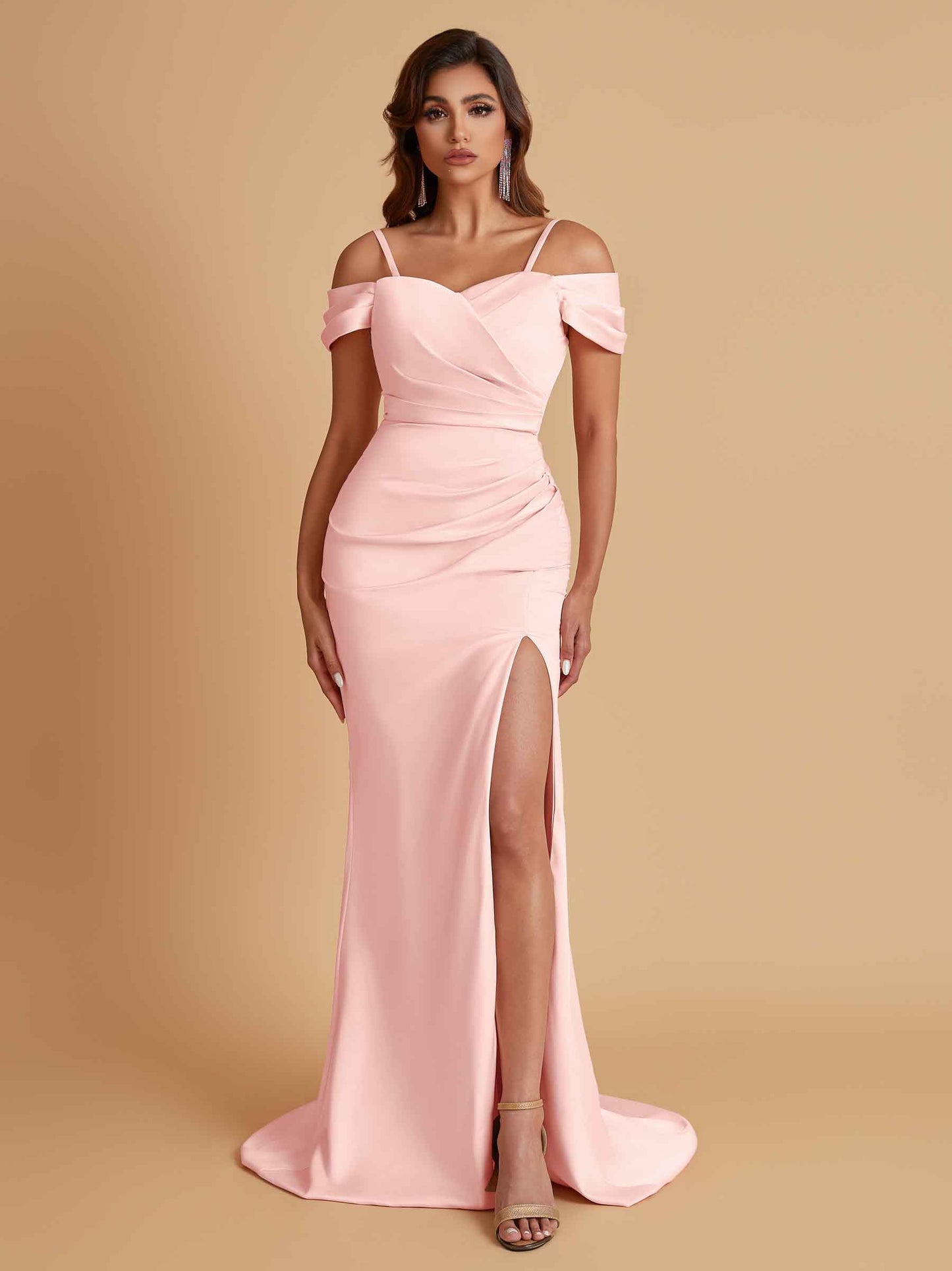 Sexy Soft Satin Mermaid Cold Shoulder Side Slit Floor-Length Bridesmaid Dresses Online