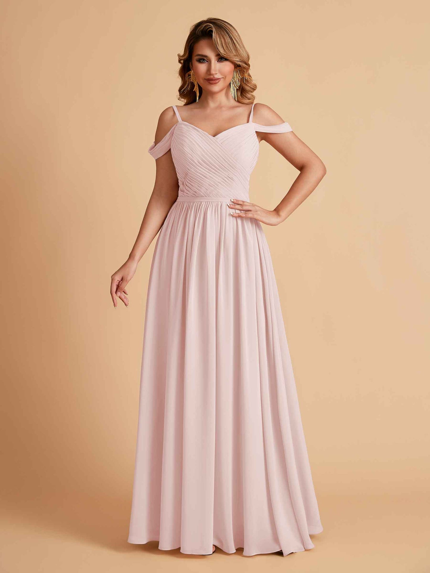Elegant A-line Chiffon Off The Shoulder V-Neck Bridesmaid Dresses Online