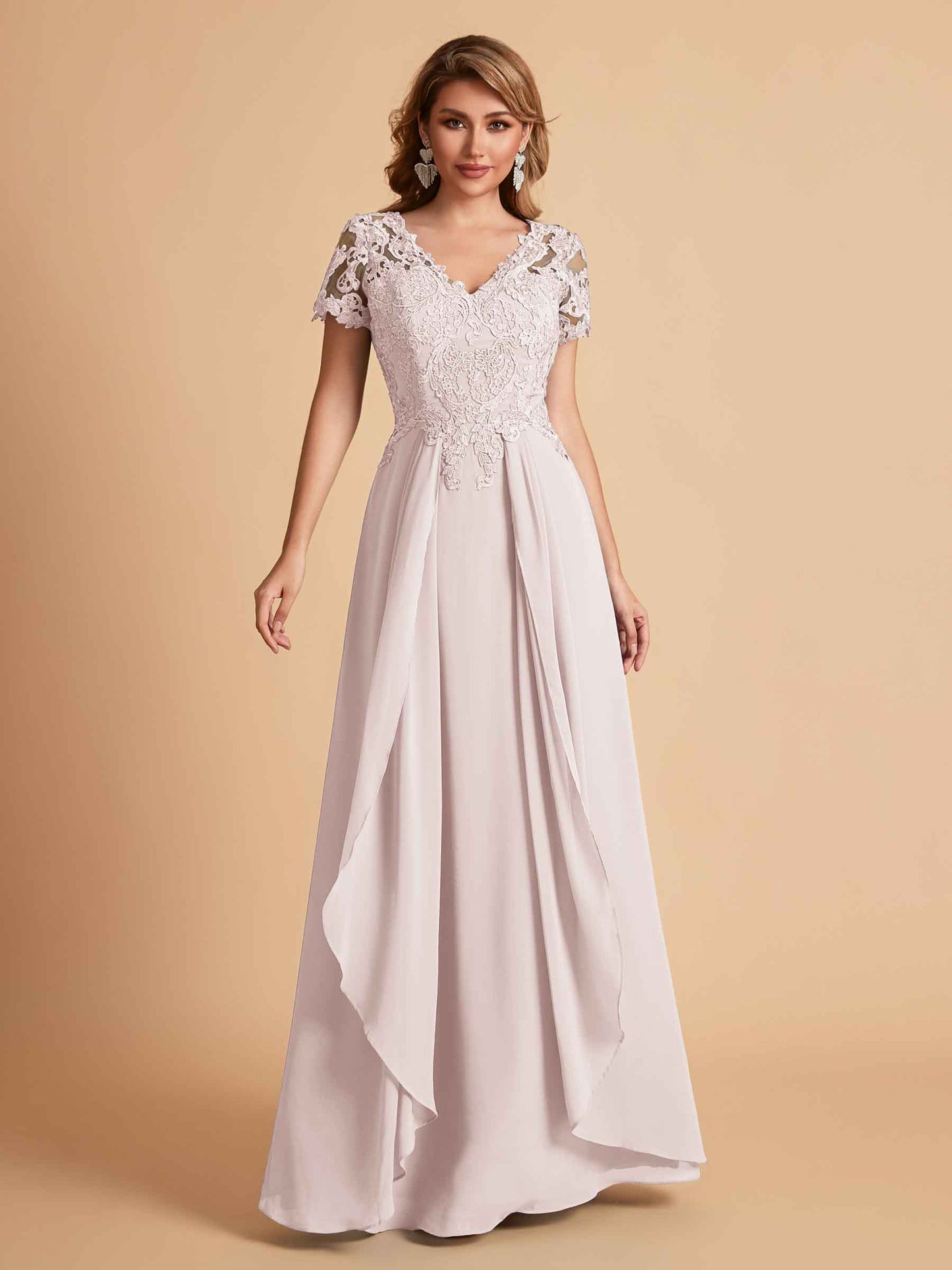 Elegant A-Line Chiffon Short Sleeves V-neck Mother of the Brides Dresses Lace Top MOB Dresses