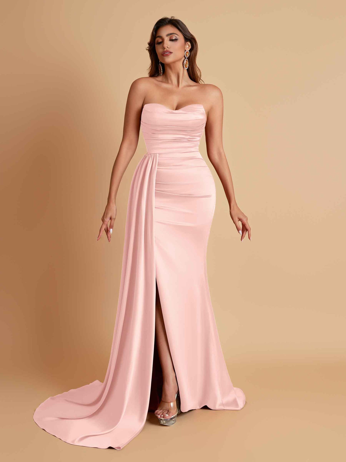 Elegant Soft Satin Sweetheart Strapless Side-Slit Mermaid Bridesmaid Dresses
