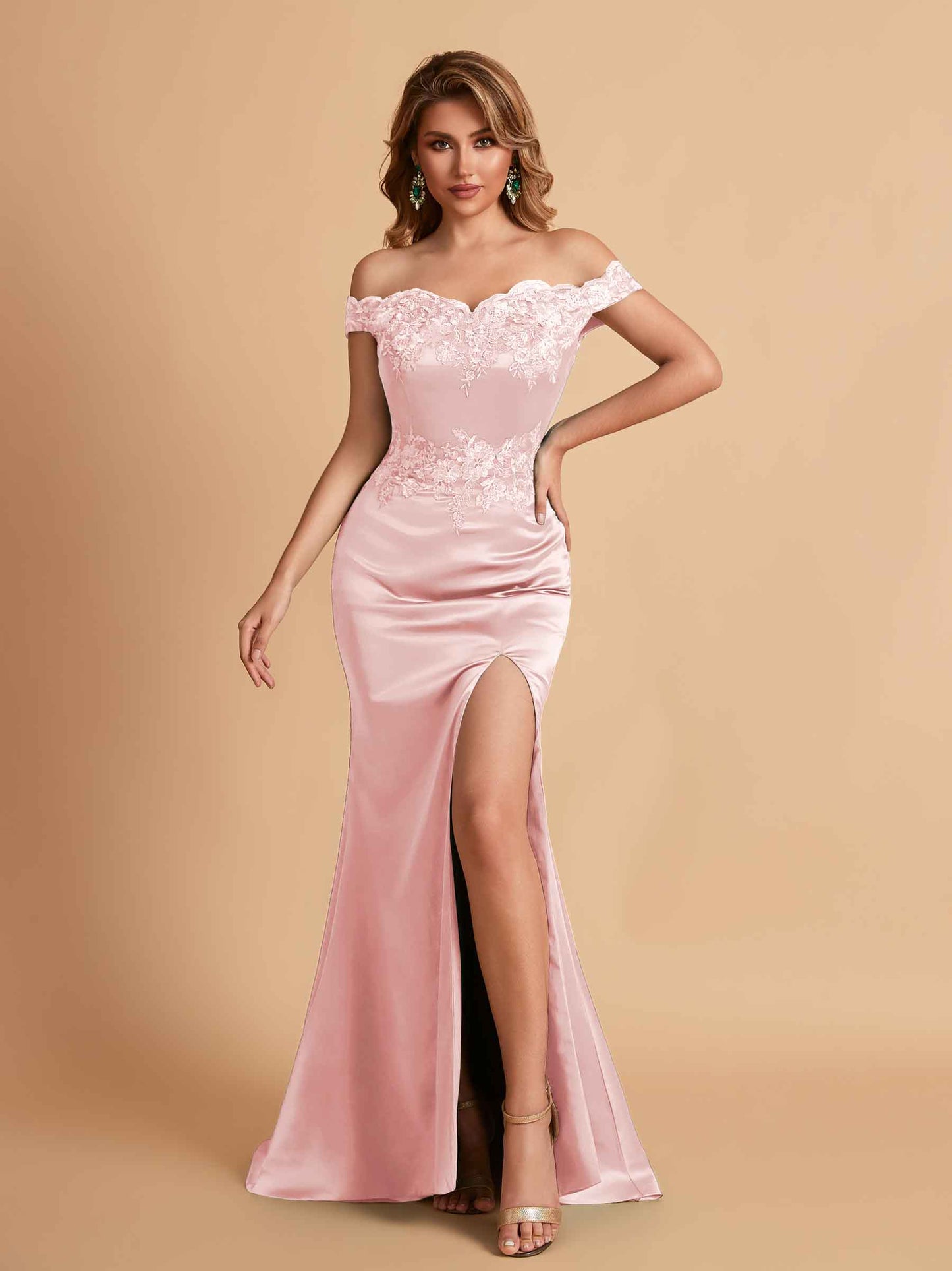Elegant Satin Off Shoulder Mermaid Side Slit Floor Length Bridesmaid Dresses