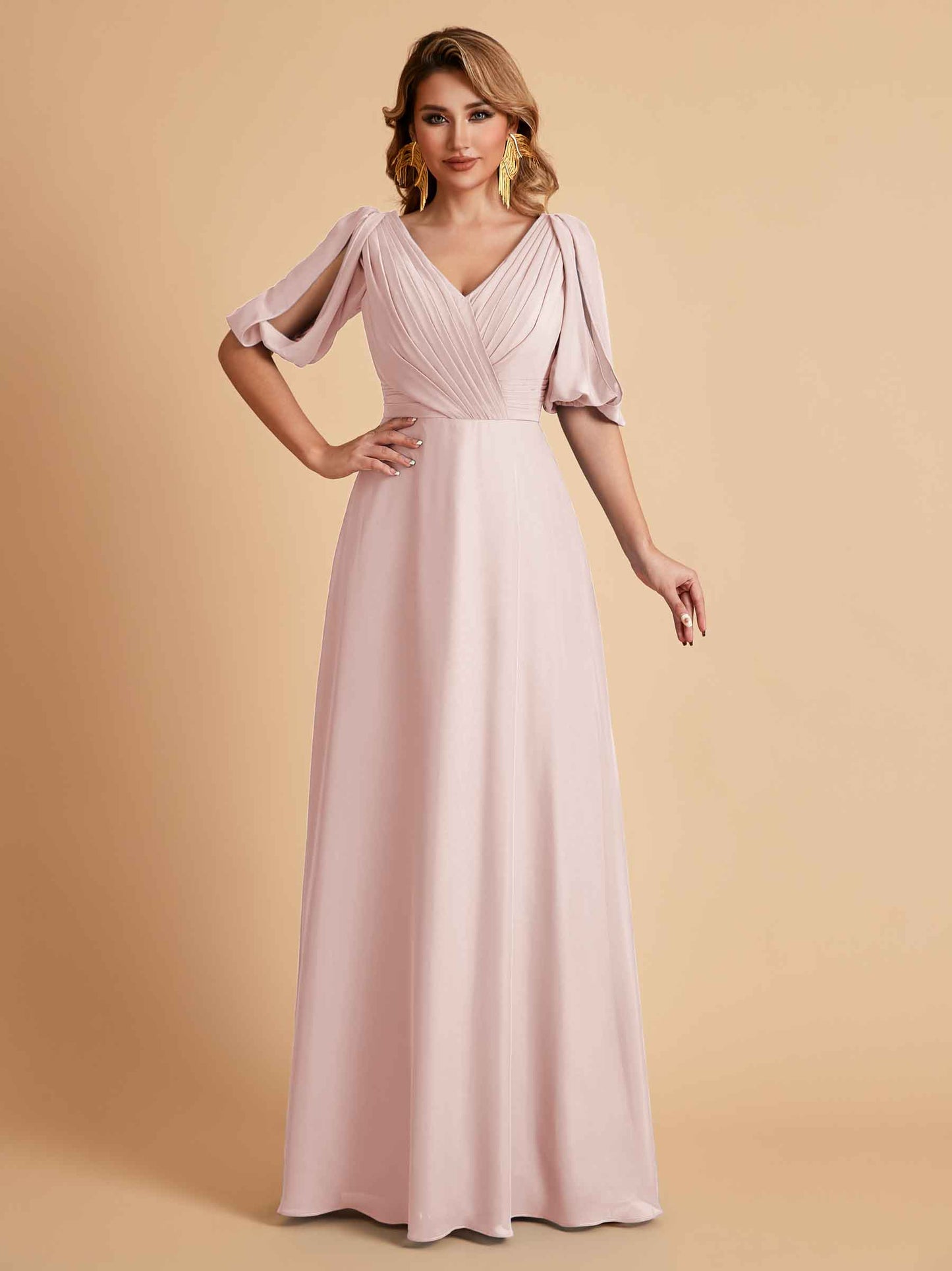 Elegant A-Line Chiffon Half Sleeves V-Neck Mother of the Brides Dresses Online