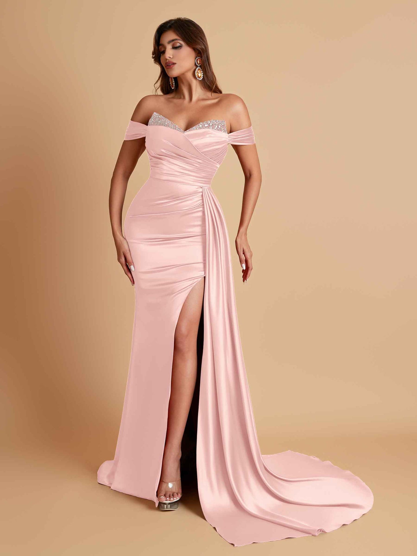 Gorgeous Soft Satin V-neck Off-the-Shoulder Side-Slit Mermaid Bridesmaid Dresses