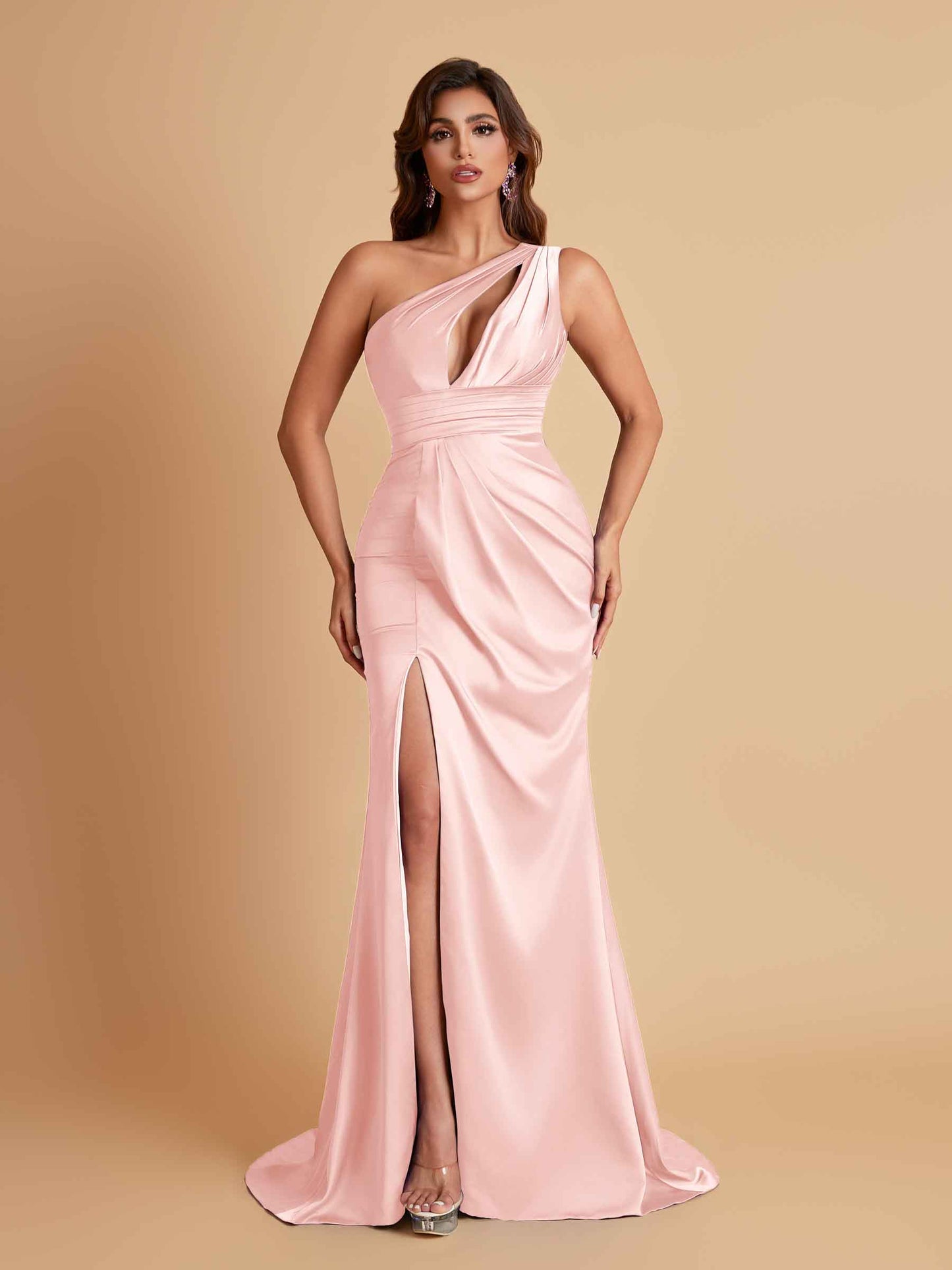 Sexy One Shoulder Soft Satin Side Slit Floor-Length Mermaid Bridesmaid Dresses