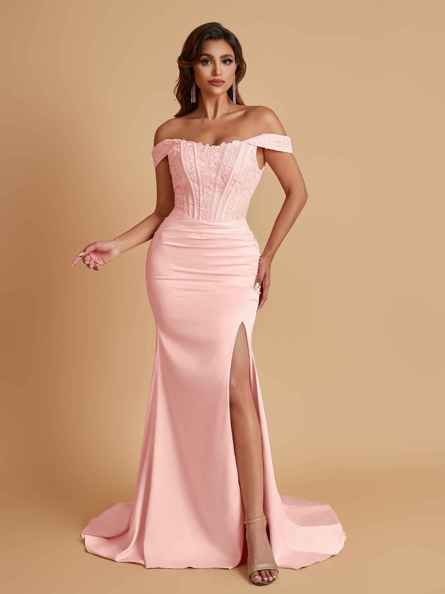 Elegant Soft Satin Mermaid Off Shoulder Side Slit Floor-Length Mermaid Bridesmaid Dresses