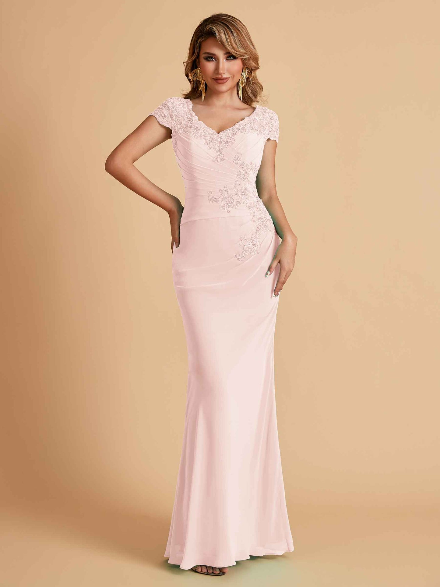 Elegant Mermaid Chiffon Cap Sleeves V-Neck Mother of the Brides Dresses Online