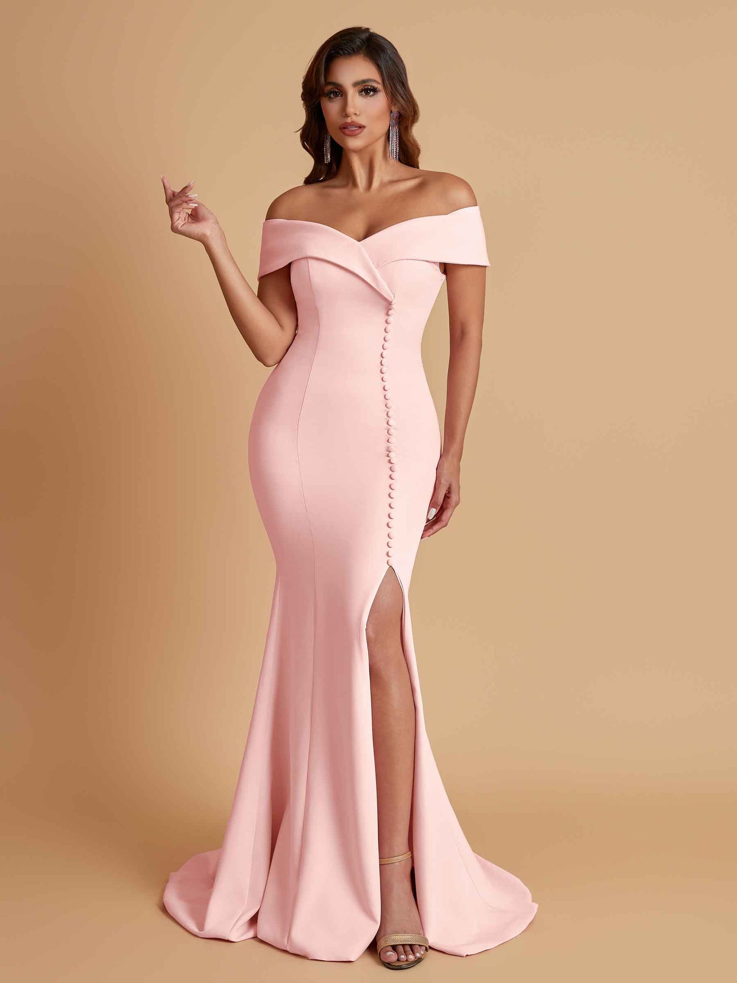 Elegant Soft Satin Mermaid Off Shoulder Side Slit Floor-Length Bridesmaid Dresses
