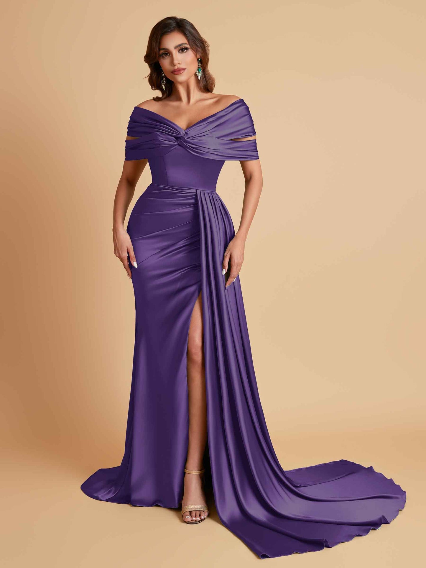 Elegant Soft Satin V-neck Off-the-Shoulder Side-Slit Mermaid Bridesmaid Dresses