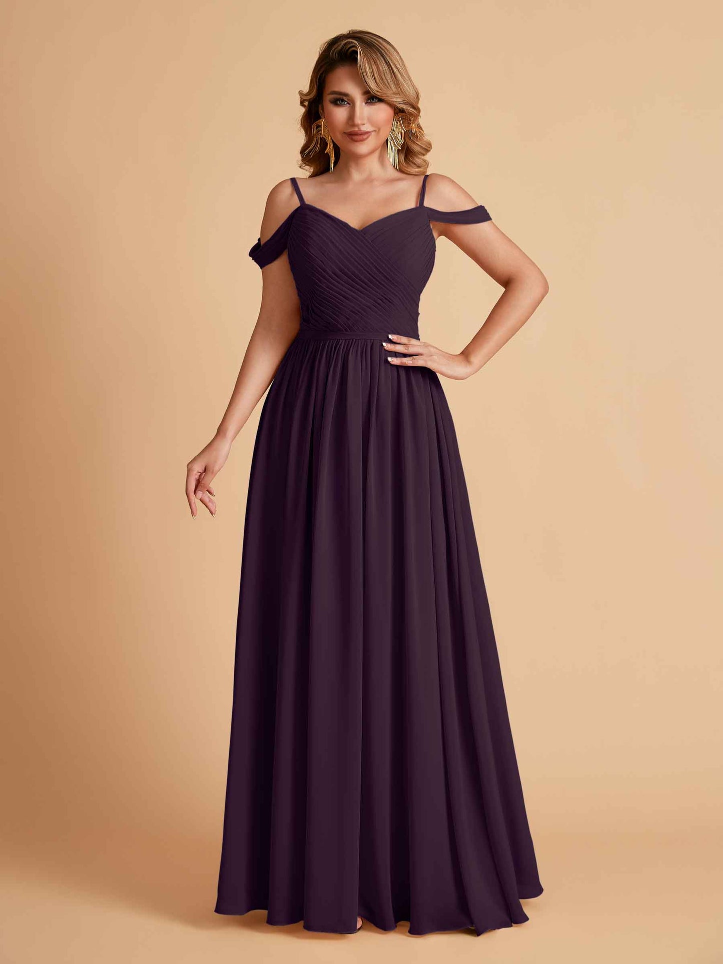 Elegant A-line Chiffon Off The Shoulder V-Neck Bridesmaid Dresses Online