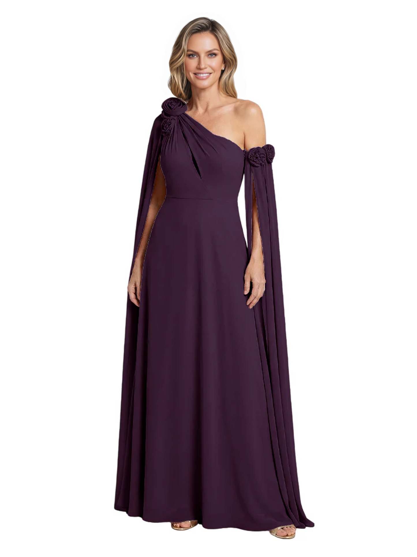 One Shoulder Mother of the Bride Dress Asymmetrical Cape Sleeve Gown with Floral