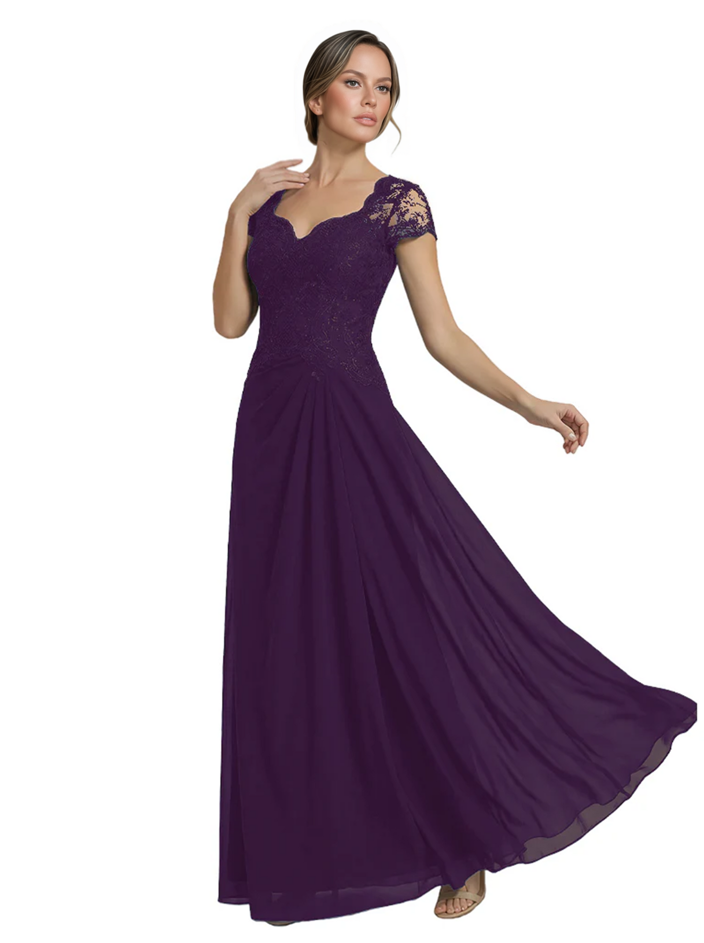 Long A-line Chiffon Short Sleeves Mother of the Brides Dresses Lace Wedding